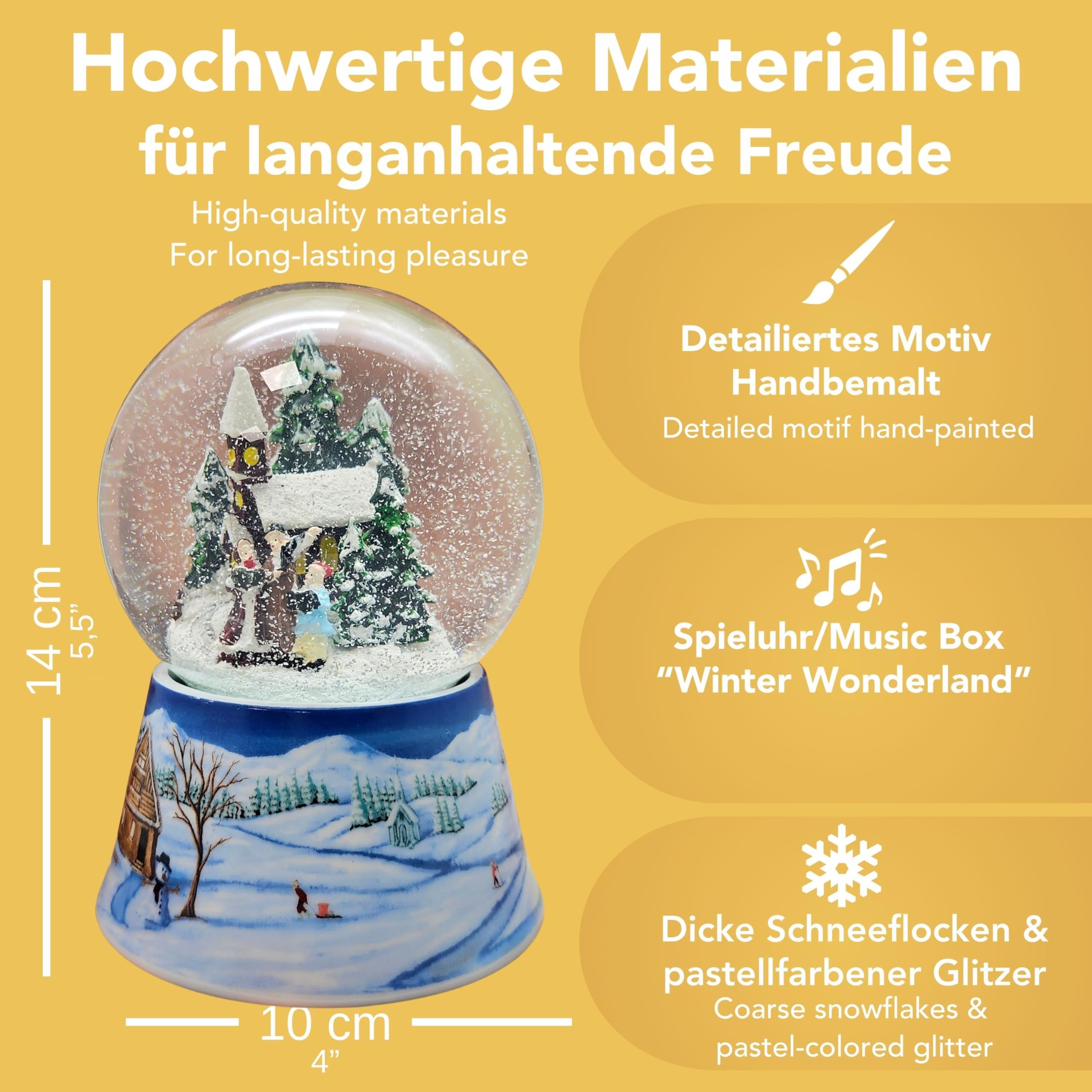 Schneekugel Weihnachtsspaziergang * auf Sockel nostalgische Winterlandschaft Mittelblau Weihnachten Winter mit Spieluhr - 100mm breit * 20099