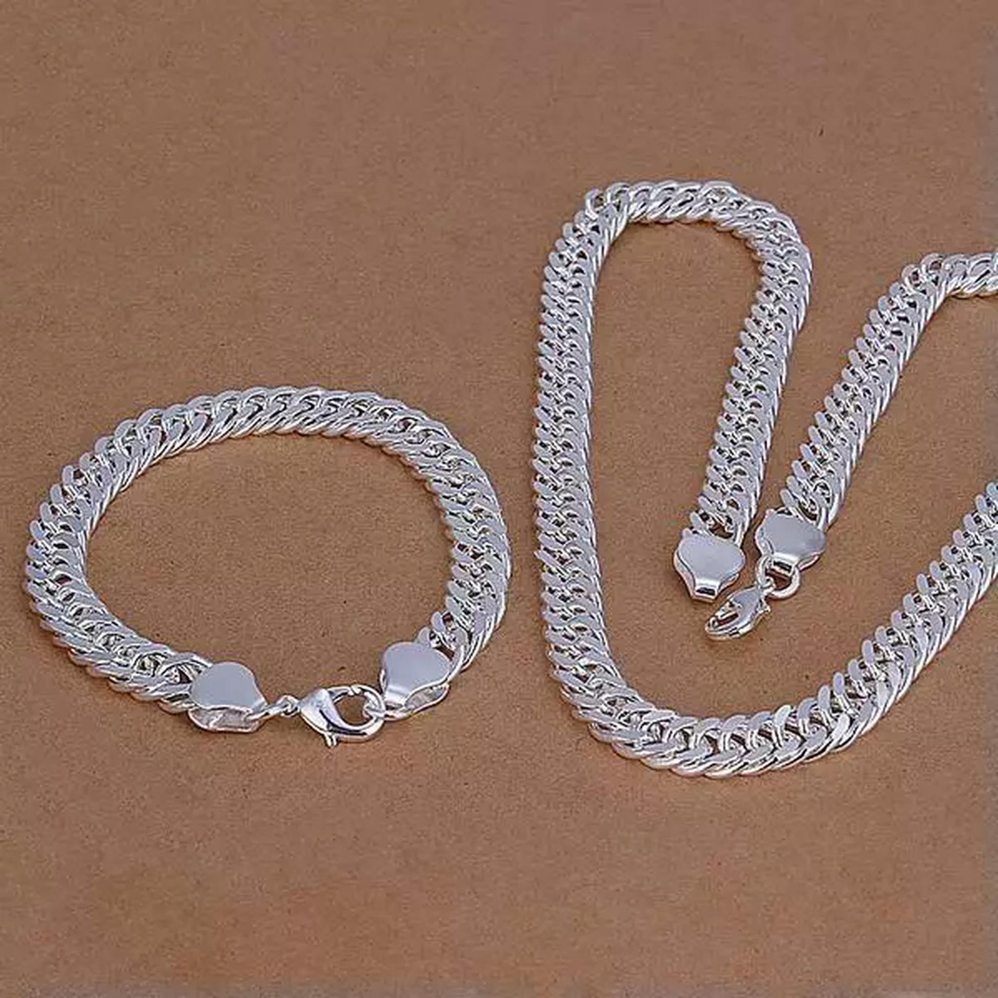 Collar y pulsera de plata 925 para hombre con malla densa elegante