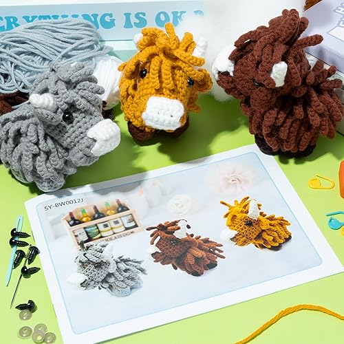 Miniatura 4 de BWkoss Kit de ganchillo para principiantes, kit de inicio de ganchillo de vaca de las tierras altas para adultos y niños, kit de manualidades