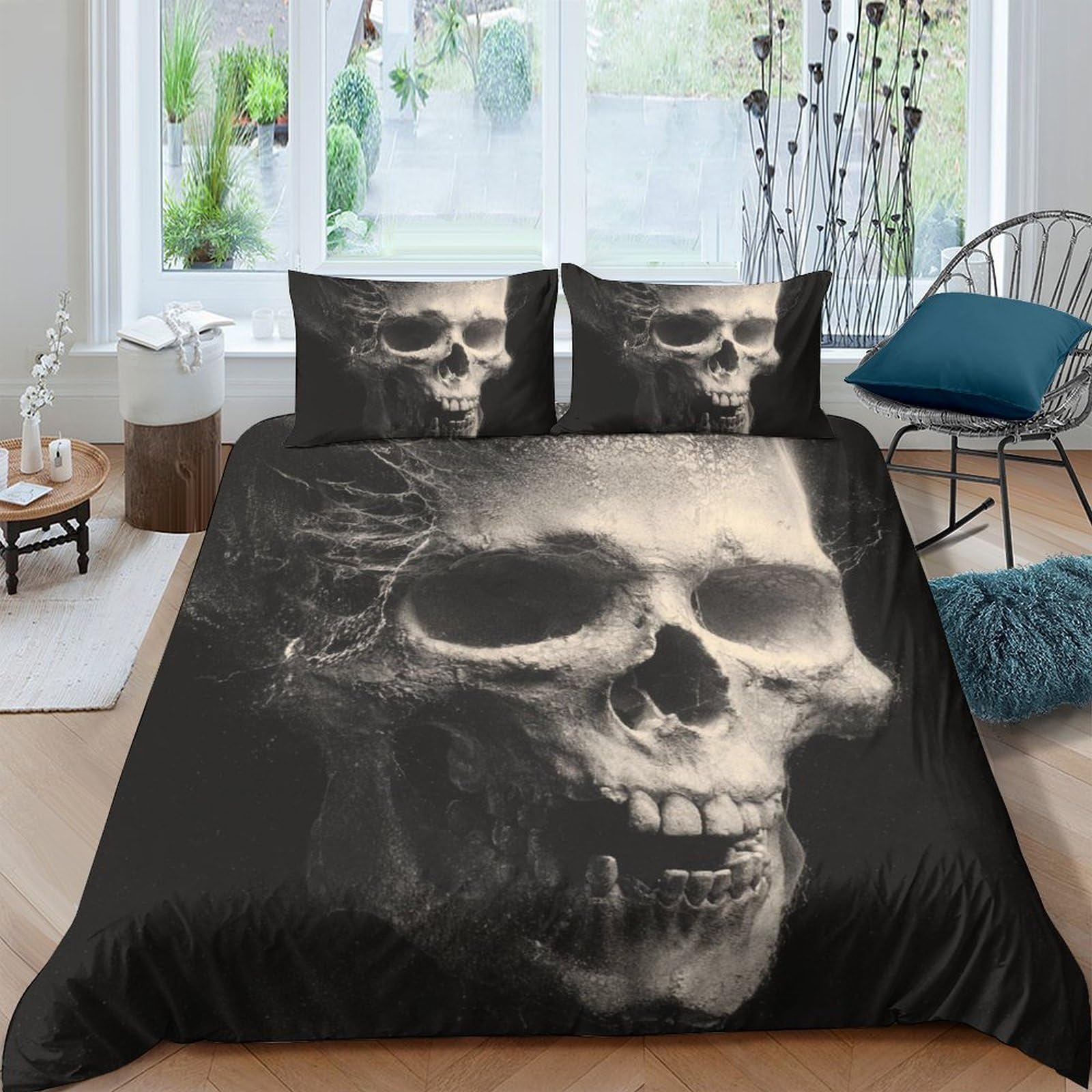 GPLZQXKJNH 3D Printed Skull Duvet Cover Microfiber Soft Gothic Skeleton Bedding Set with 2 Pillowcases for Bedroom Decor Single（135x200cm）