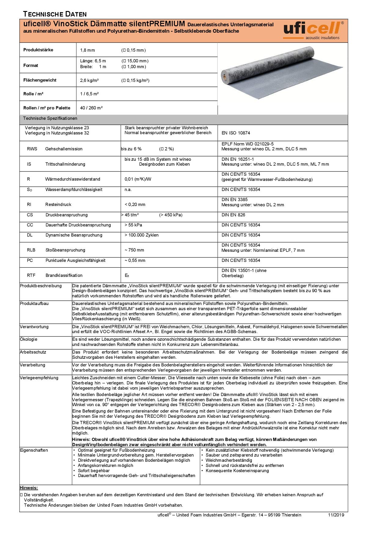 Dämmmatte uficell® VinoStick® silentPremium, selbstklebende Akustikmatte für Klebe Vinylböden, Flächengewicht ca. 2,6 kg/m² Druckfestigkeit: 450 kPa, Rollengröße: 6,5 m² (1 Rolle | 6,5 m²)