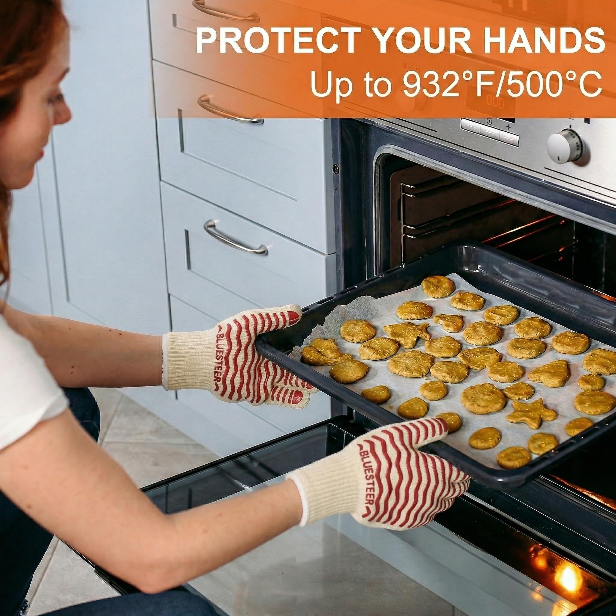 Guanti da forno, resistenti al calore fino a 500 °C, guanti da forno con dita, guanti da grill resistenti al calore per uomini e donne, guanti da barbecue con impugnatura in silicone, guanti ignifughi
