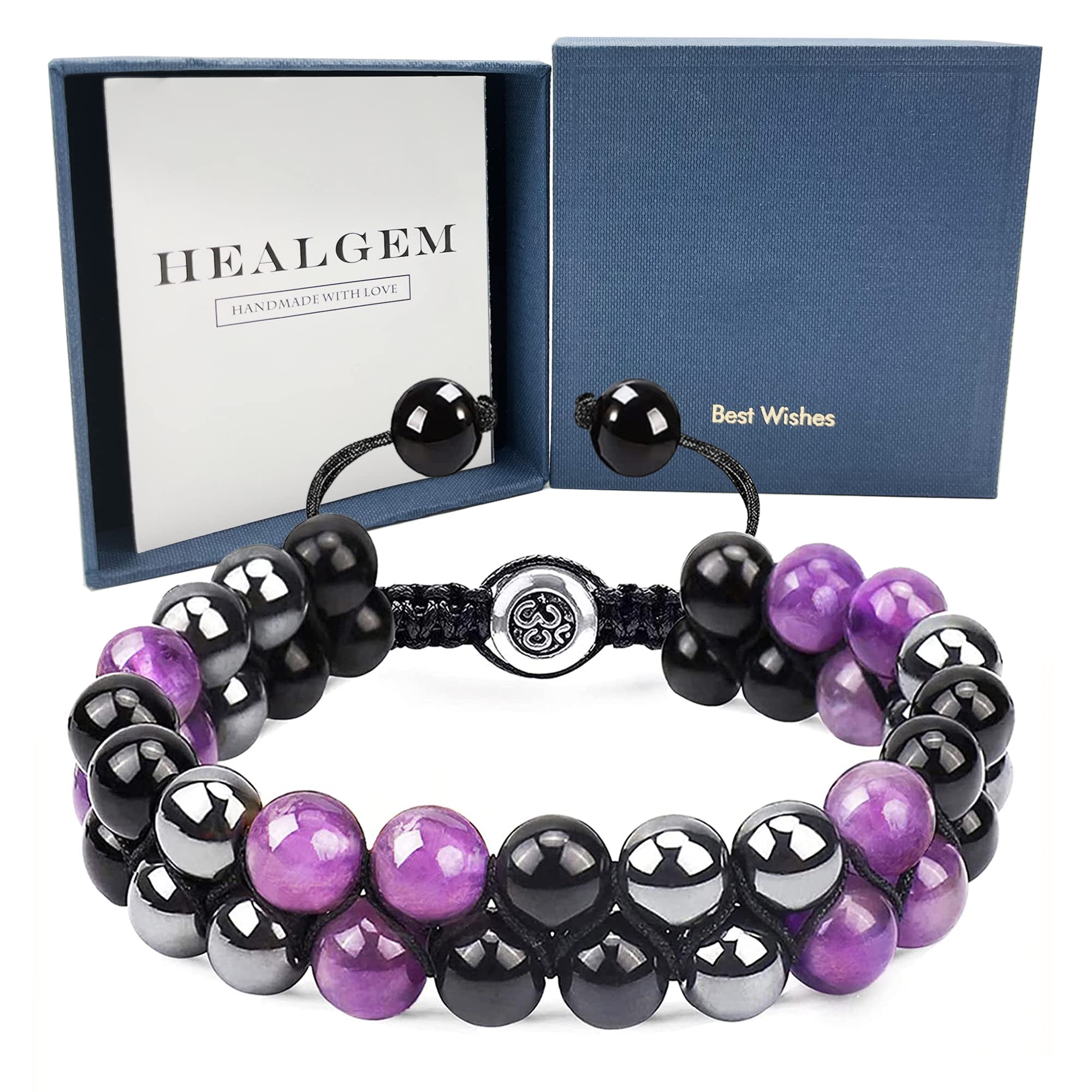 HealgemTriple Protection Bracelets for Men Women, Genuine Amethyst Black Obsidian Hematite 8mm Beads Bracelet, Handmade Natural Stone Bracelets for Protection Healing Balance Birthday Anniversary Gift