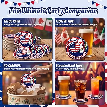 48 Pack 2mm Thick Soccer Coasters, Absorbent Gameday Drink Mats for Watch Parties, Fan Gatherings Tailgating, Soccer Party Favors (Brewed for Glory)