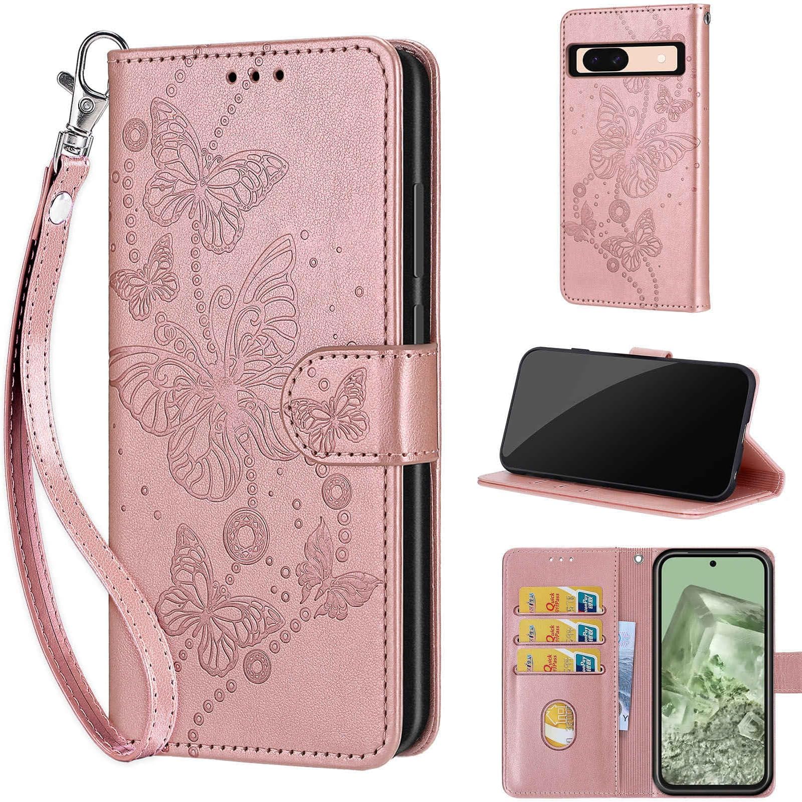 Phone Case for Google Pixel 8A, Flip Cover Leather Protective Cover with [Card Slots Kickstand] Phone Case Compatible Google Pixel 8A Rose Gold