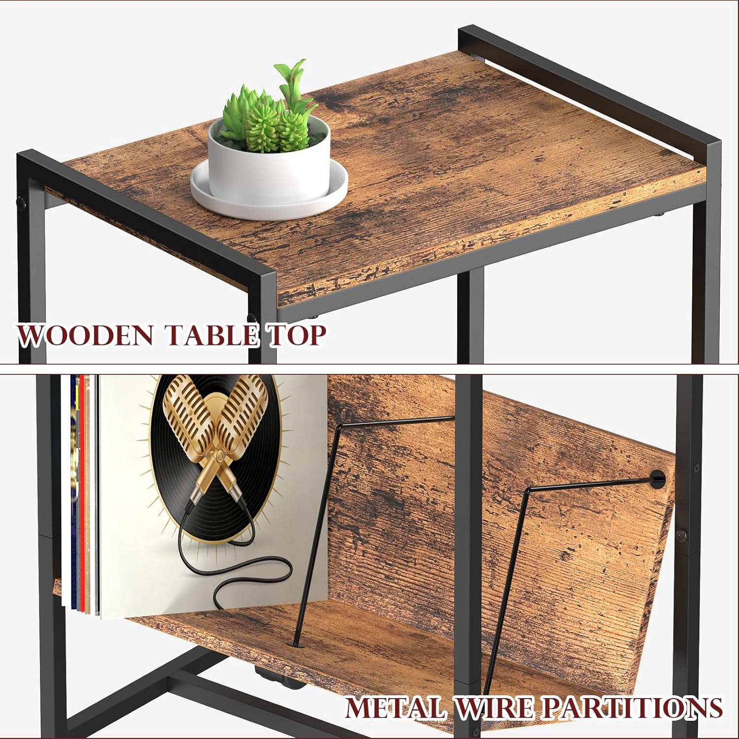 Record Player Stand with Vinyl Storage 2 tier Record Table Stand Brown Vinyl Record Shelf with Wheels Turntable Stand with Record Holder Album Vinyl Display Shelf Vinyl Player Cabinet