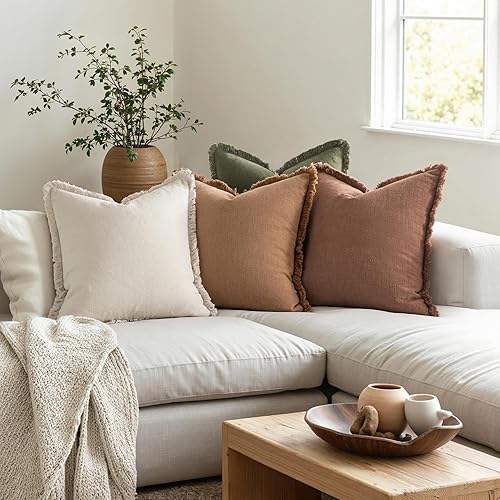 Miniatura 4 de MIULEE Juego de 4 fundas de almohada decorativas de otoño para sofá, de lino neutro, con flecos, suaves y rústicos, fundas de almohada bohemias para