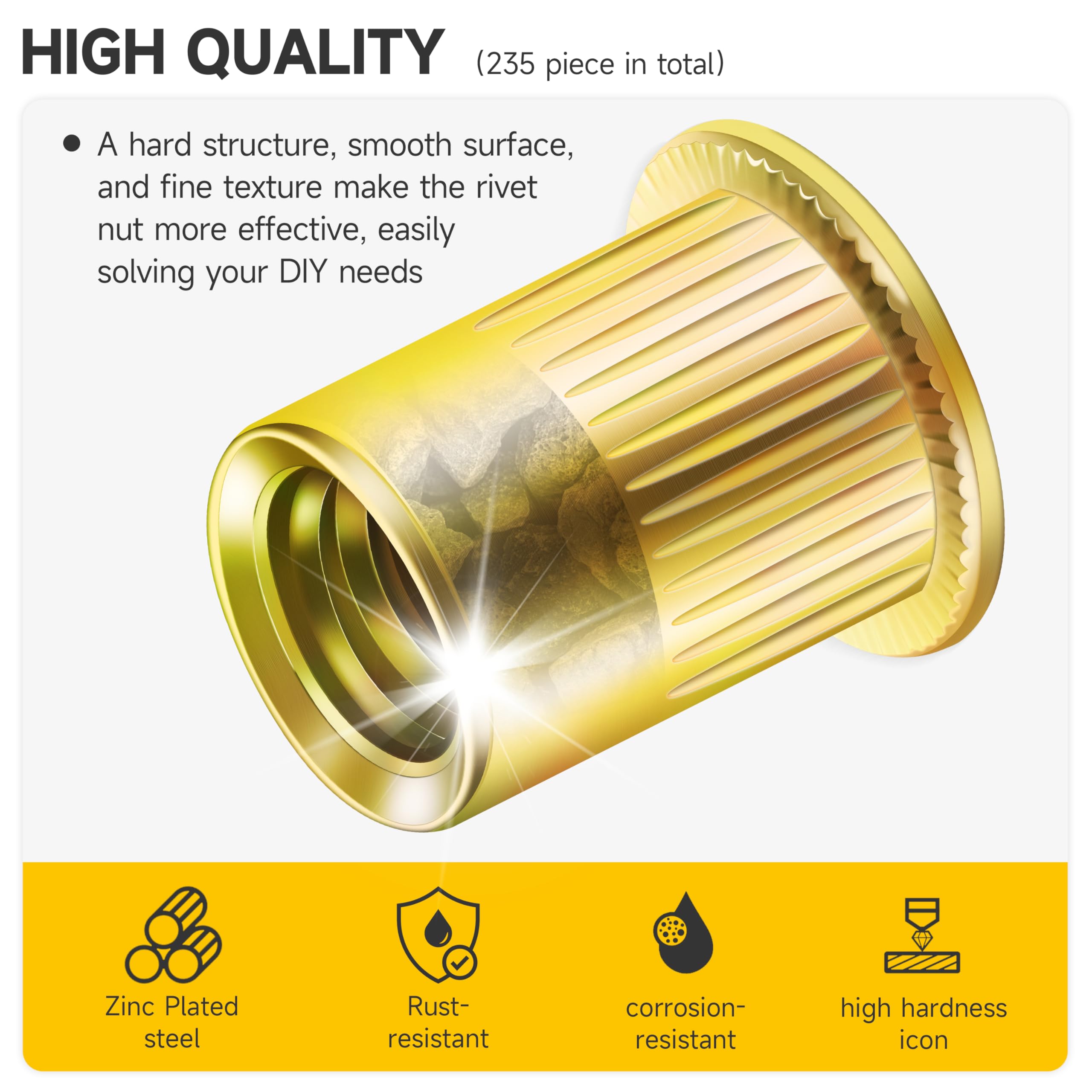 Qjaiune 120-Pack #10-24 Carbon Steel Threaded Insert Rivet Nuts – Flat Head, Knurled Body Rivnuts For Furniture & Auto