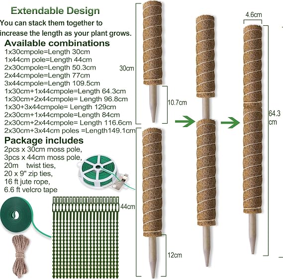 Moss Pole 58.7 Inch 149cm, 5PCS Moss Poles for Plants Monstera, 44cm and 30cm Coir Totem Pole, Moss Sticks for Indoor Plant Support Extension, Train Philodendron Creepers Grow Upwards