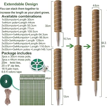 Moss Pole 58.7 Inch 149cm, 5PCS Moss Poles for Plants Monstera, 44cm and 30cm Coir Totem Pole, Moss Sticks for Indoor Plant Support Extension, Train Philodendron Creepers Grow Upwards