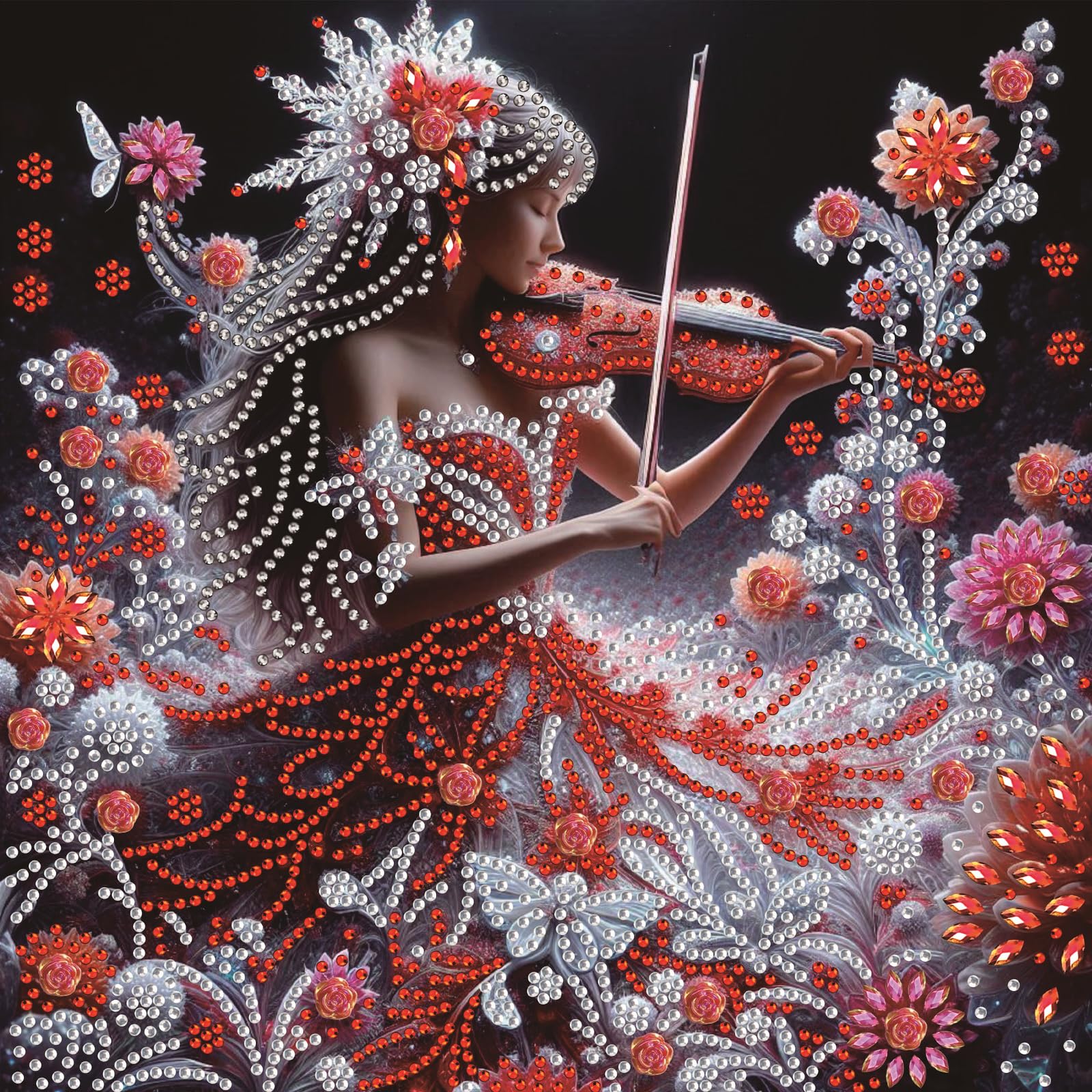 POETRYDRAW Red Crystal Violin Floral 5D DIY Diamond Art Kit for Adults & Beginners, Home Decor, 11.81x11.81in
