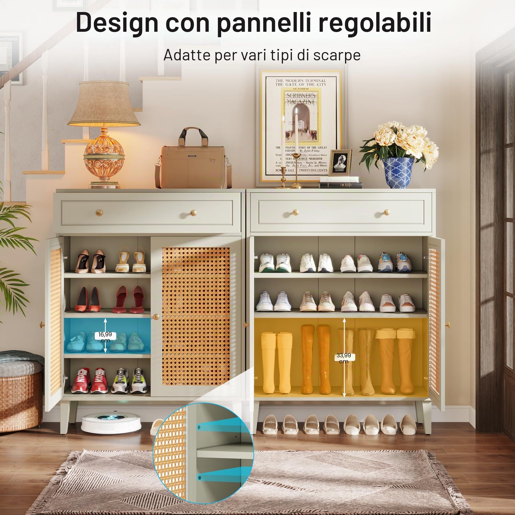 Tribesigns Scarpiera con ante e cassetto, scarpiera moderna per ingresso, in rattan, verde menta, con ripiano regolabile, organizer per scarpe in legno per corridoio, soggiorno, camera da letto