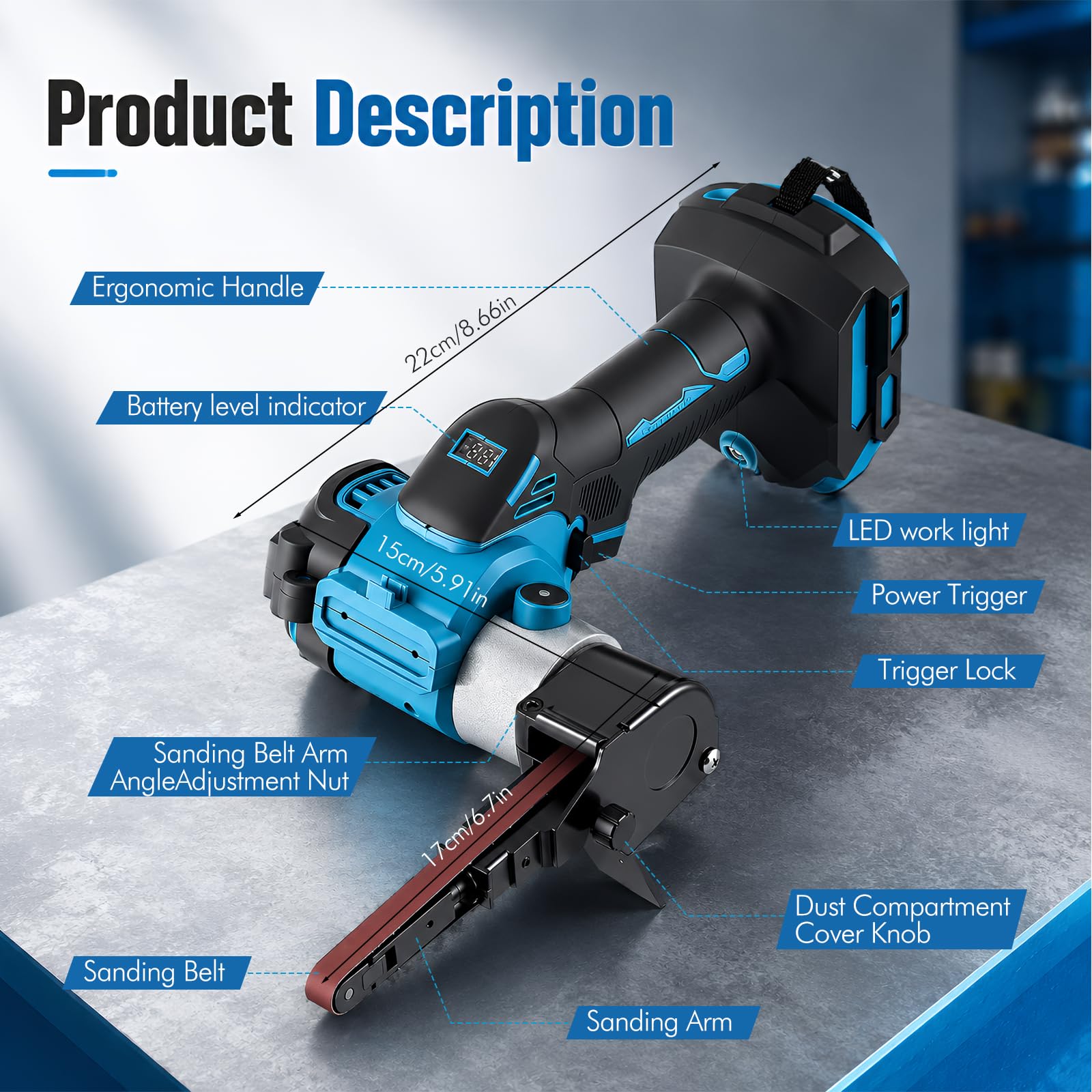 Levigatrice a nastro a batteria compatibile con Makita 18 V, lima a nastro senza spazzole con 20 nastri abrasivi, levigatrice elettrica a nastro per legno, metallo, plastica, braccio regolabile a 360°
