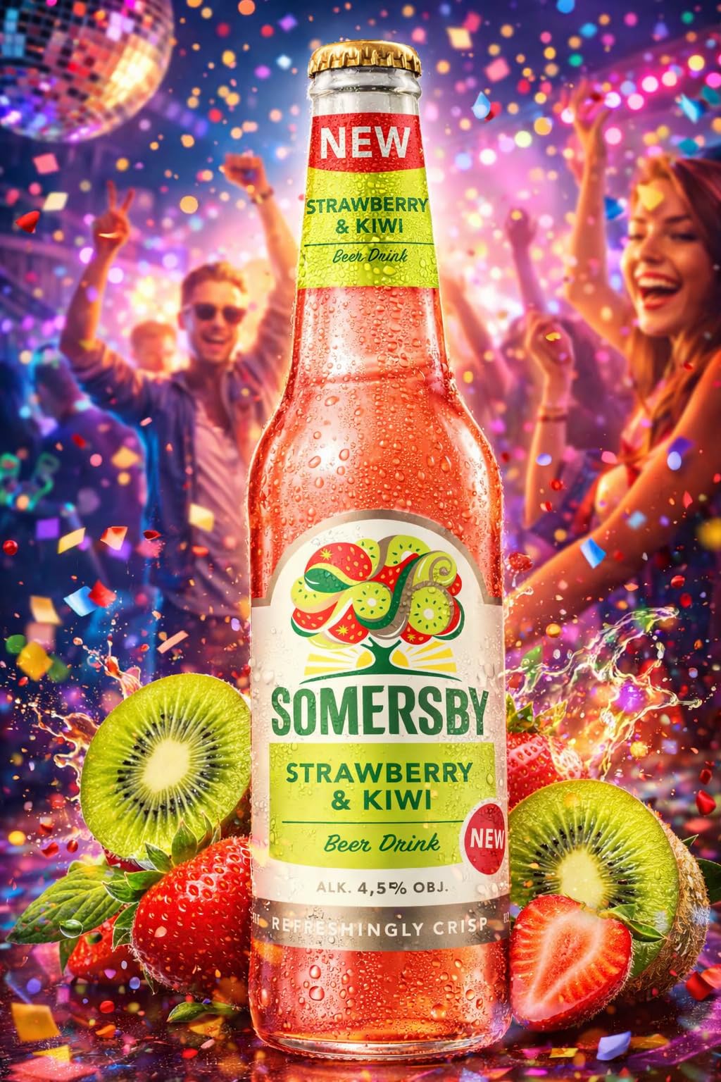 Somersby Strawberry & Kiwi Biermischgetränk, 4,5% Vol, 12 x 0,4 l Flaschen, Erdbeere & Kiwi, Ready to Drink