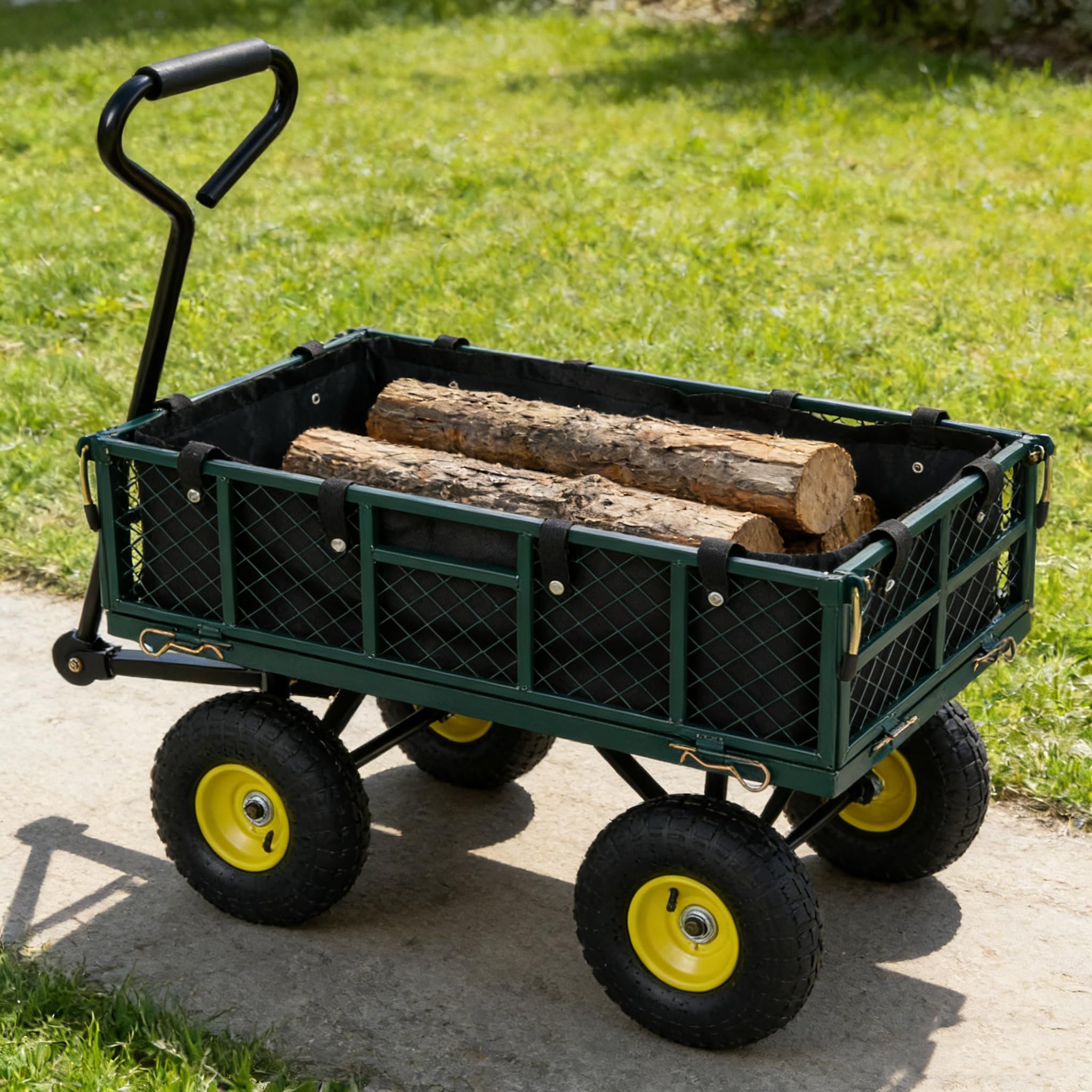 GYMAX Chariot de Transport de Jardin à 4 Roues, Charge Max 410 kg | Panneau de 4 Côtés Amovibles, Poignée Réglable à 120° et Rotative à 270°, Sac de Rangement Intégré, pour Plage Camping