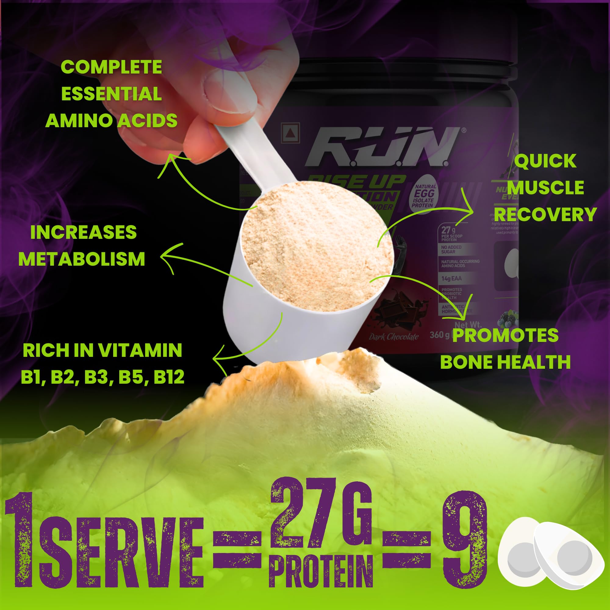 R.U.N-RISE UP NUTRITION Albumen – 100% Egg White Protein Powder | Lactose Free | No Bloating | Lean Muscle | Fast Absorption | Whey Alternative Protein | Dark Chocolate -1kg 2