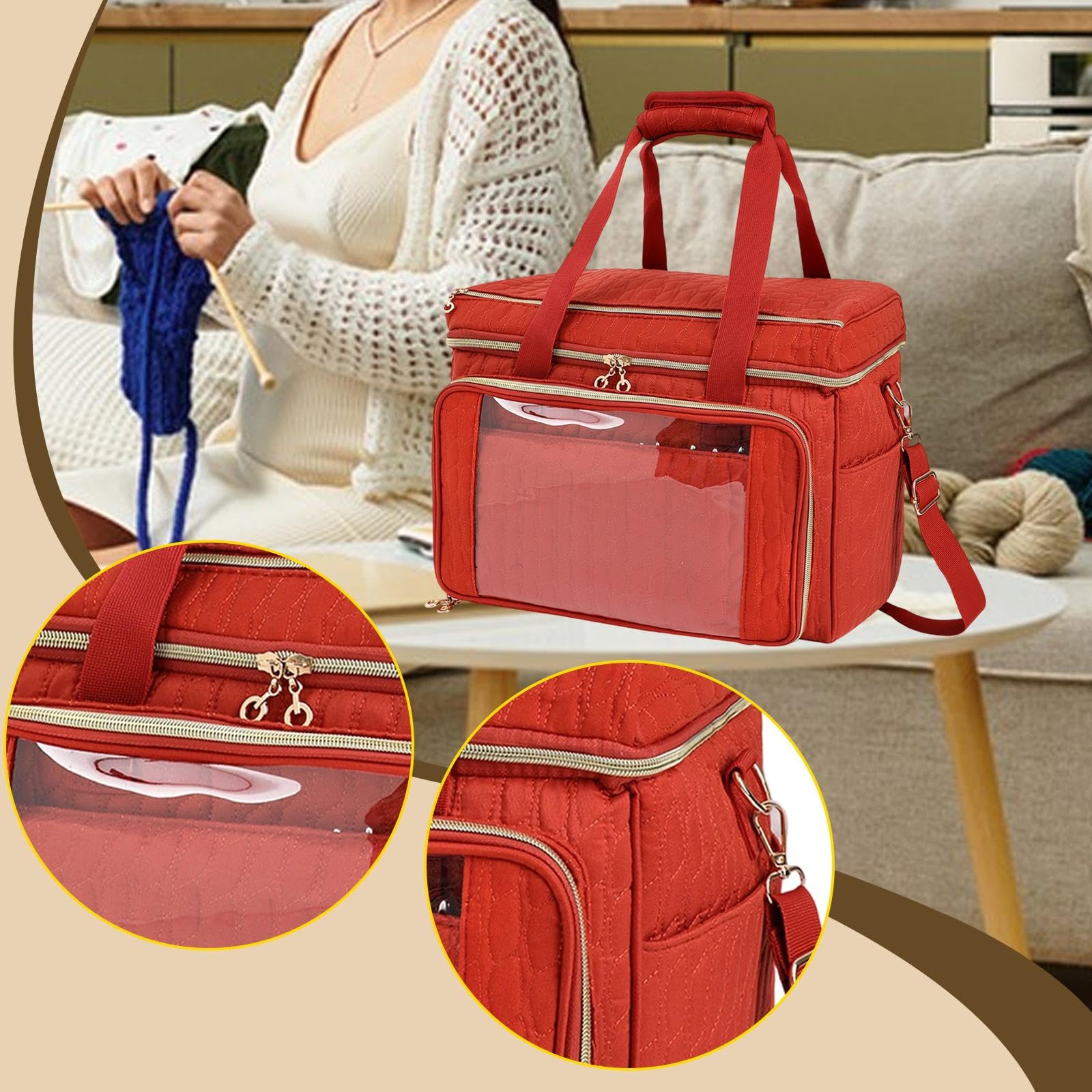 Bolsa de Tejer, Soporte para Guardar Hilo, Elegante Bolsa de Costura, Accesorios, Asa Portátil para Mesa de Parque, Rojo, Individual