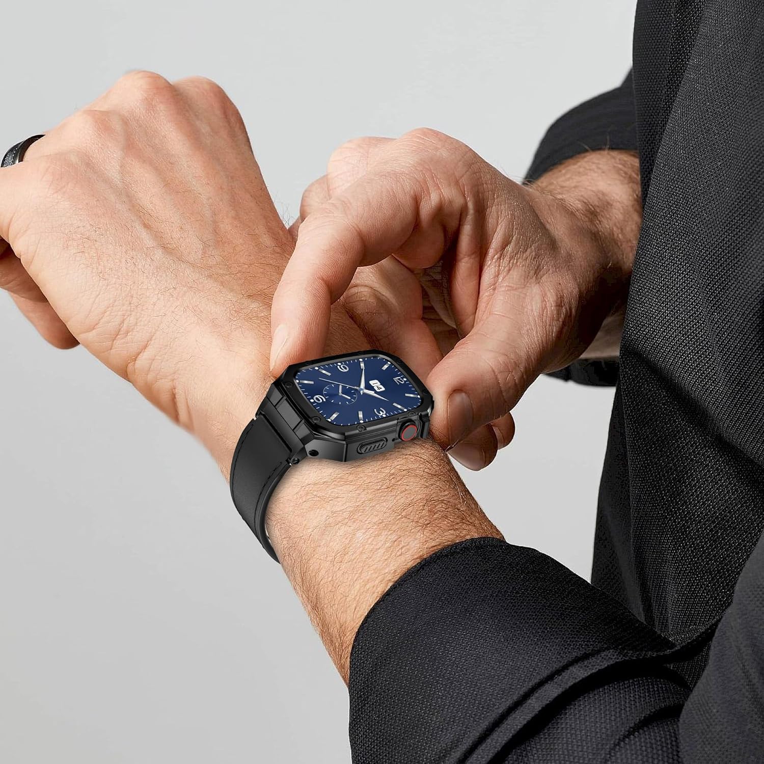 Stainless Steel Case and Leather Band Compatible with Apple Watch 44mm 42mm for Men,Genuine Leather Apple Watch Strap and Metal Cover for iWatch Series 6 5 4 SE 3 2 1,Black