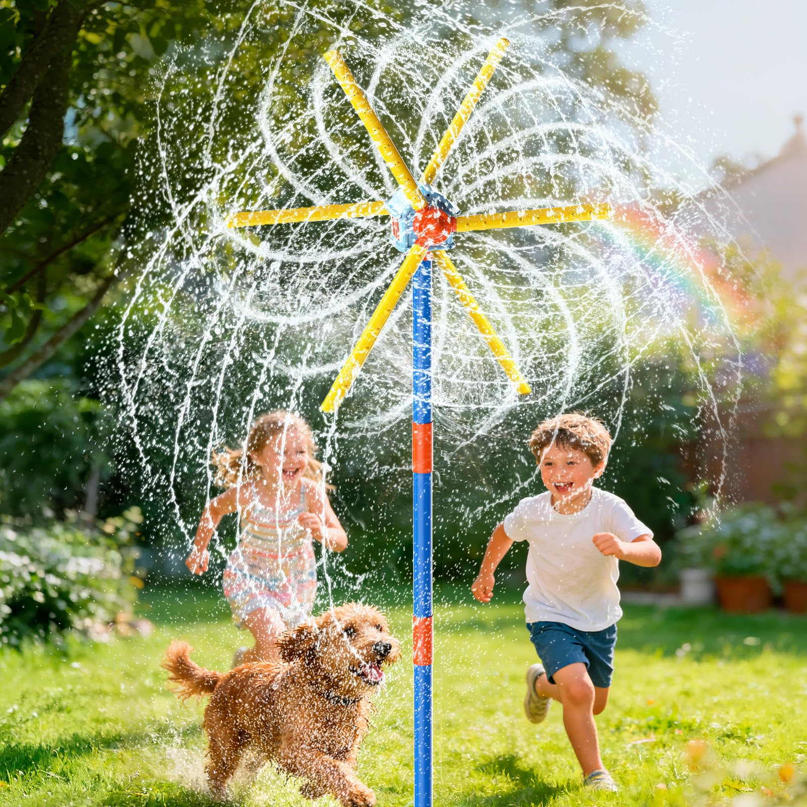VATOS Aspersor de Molino 59 Pulgadas, Juguete de Exterior para Niños – Doble Cara con 6 Aspas & 54 Boquillas, Giro 360° – Juego de Agua para Niños, Mascotas y Riego del Césped