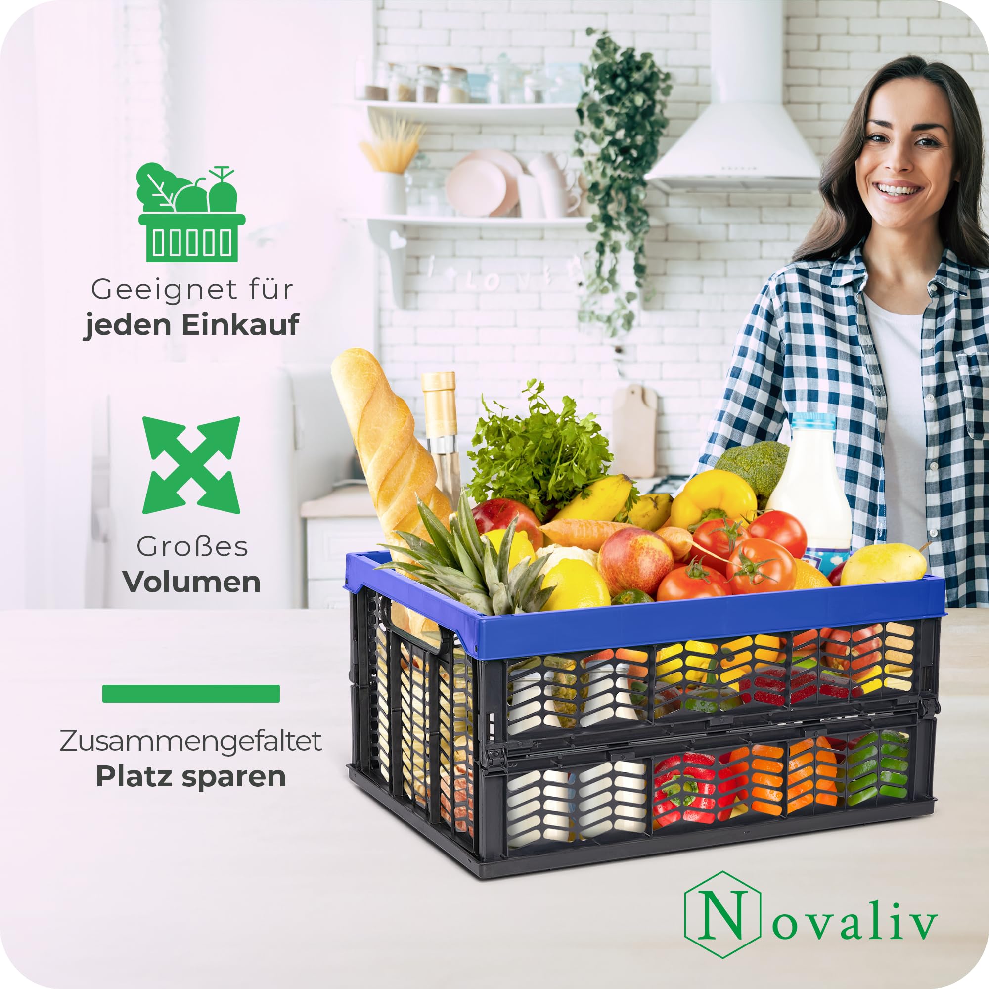Novaliv Klappboxen faltbar stabil 6x 30L Blau Schwarz baskets Einkaufskiste Klappkisten Set Tragebox Aufbewahrung Einkaufskörbe Körbe Aufbewahrung Küche