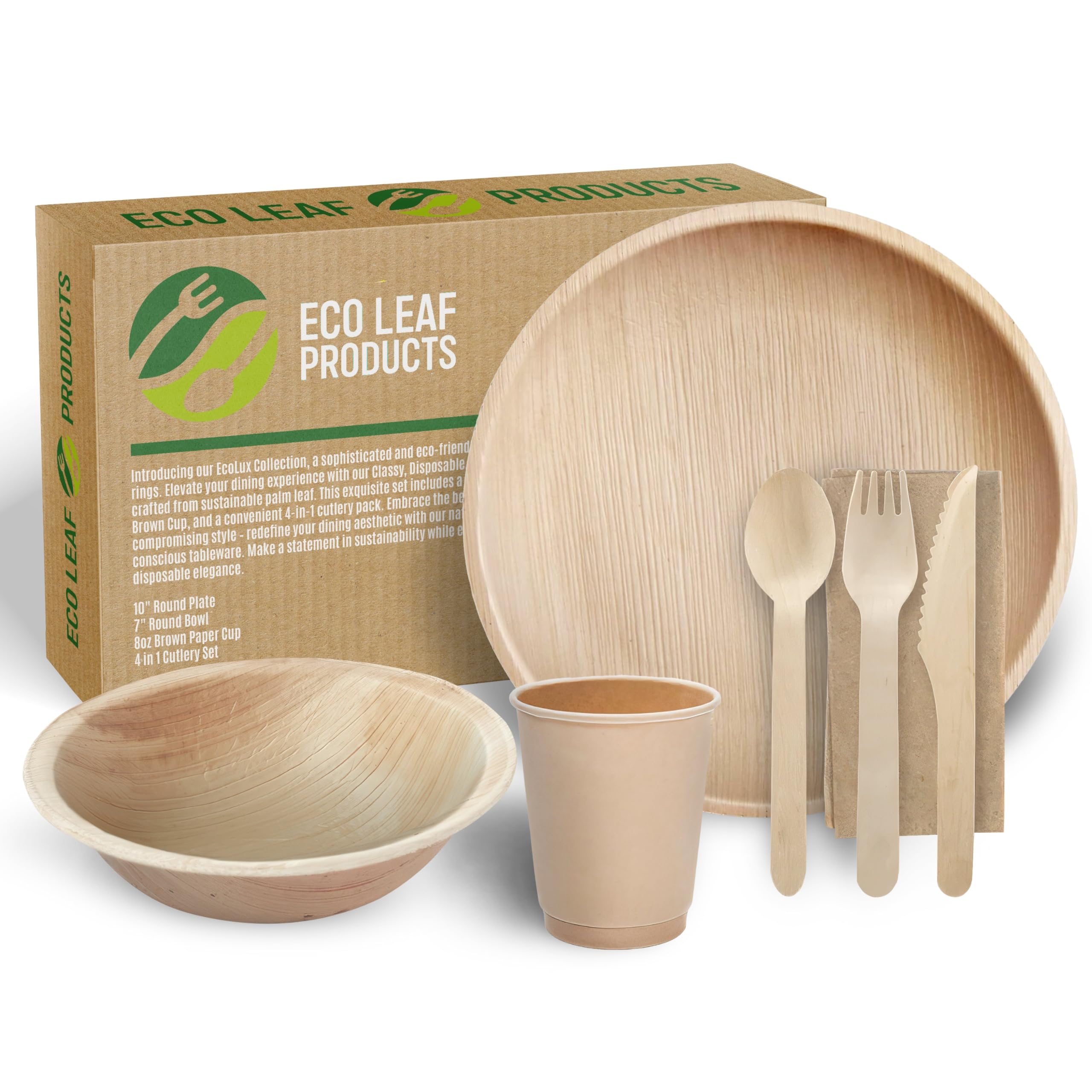 ECO Leaf 700 Pcs Disposable Palm Leaf Dinner Set | 100 X 10" Round Plates, 7" Round Bowls, 8oz Bamboo Paper Cups, 4 Wooden Cutlery Set | Eco-Friendly, Biodegradable Heavy-Duty for Wedding, Party
