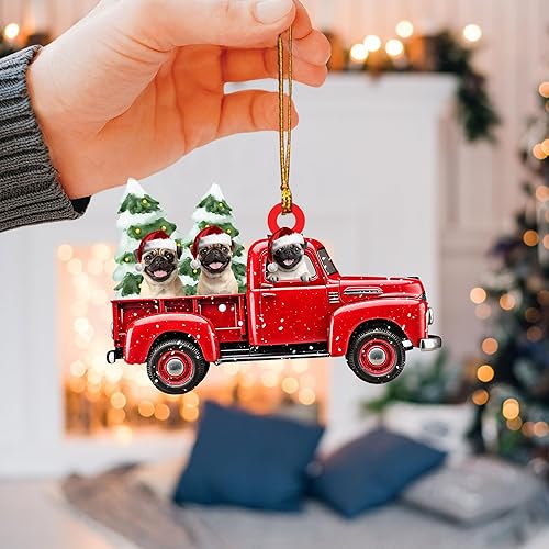 Miniatura 3 de Talataca Pug con camión rojo de Navidad, árbol de pino, regalo 2D plano para espejo retrovisor, accesorios para el árbol de Navidad, adorno para