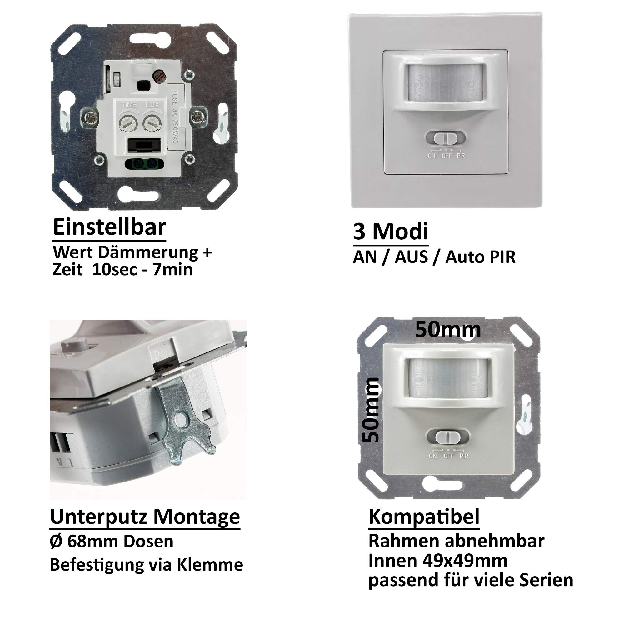 Bewegungsmelder I Unterputz I LED kompatibel mit Einer Reichweite von 9m - 2-Draht-Technik - IP20 I ersetzt einen Schalter