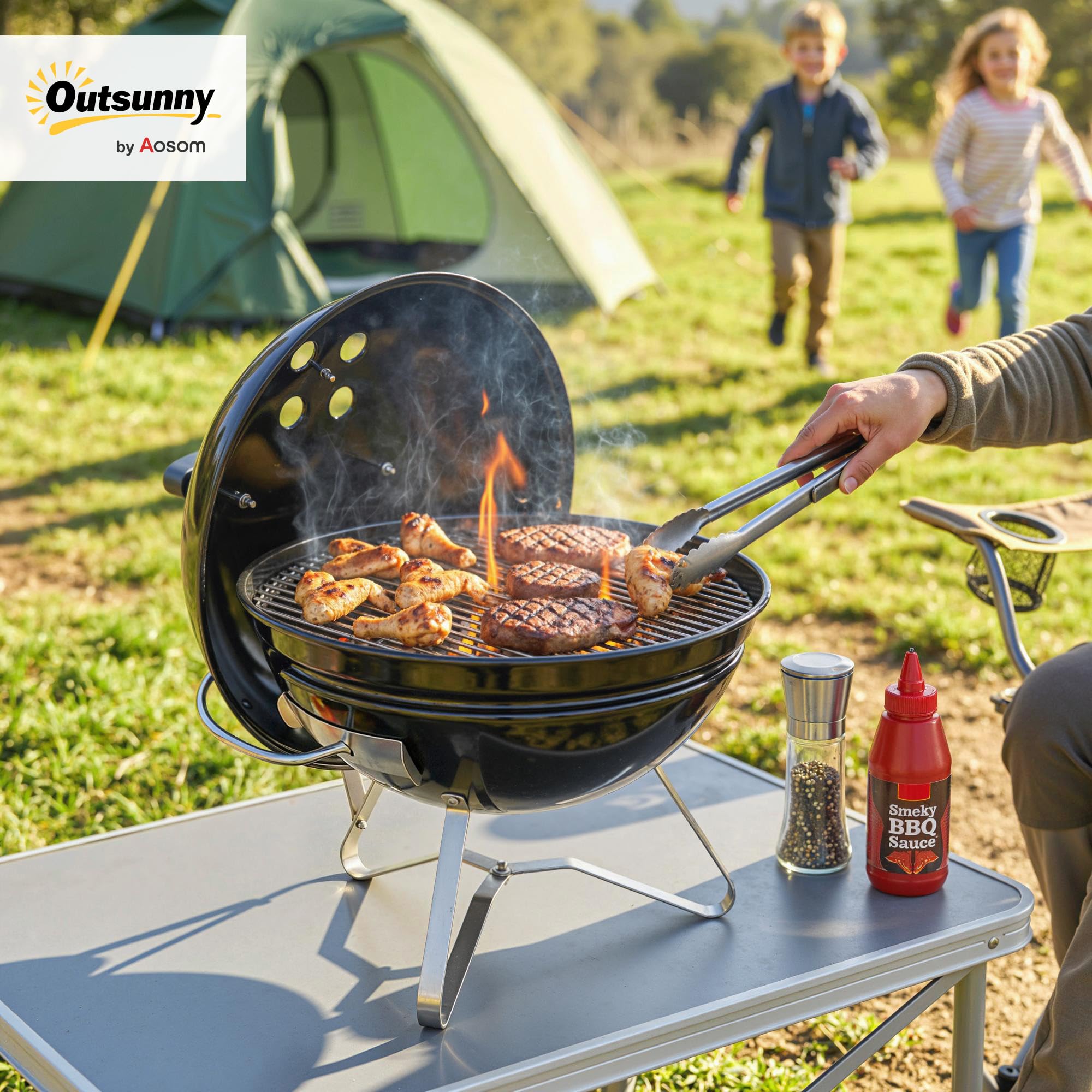 Outsunny Holzkohlegrill Smoker Kugelgrill mit Deckel 41 x 41 x 44cm Schwarz