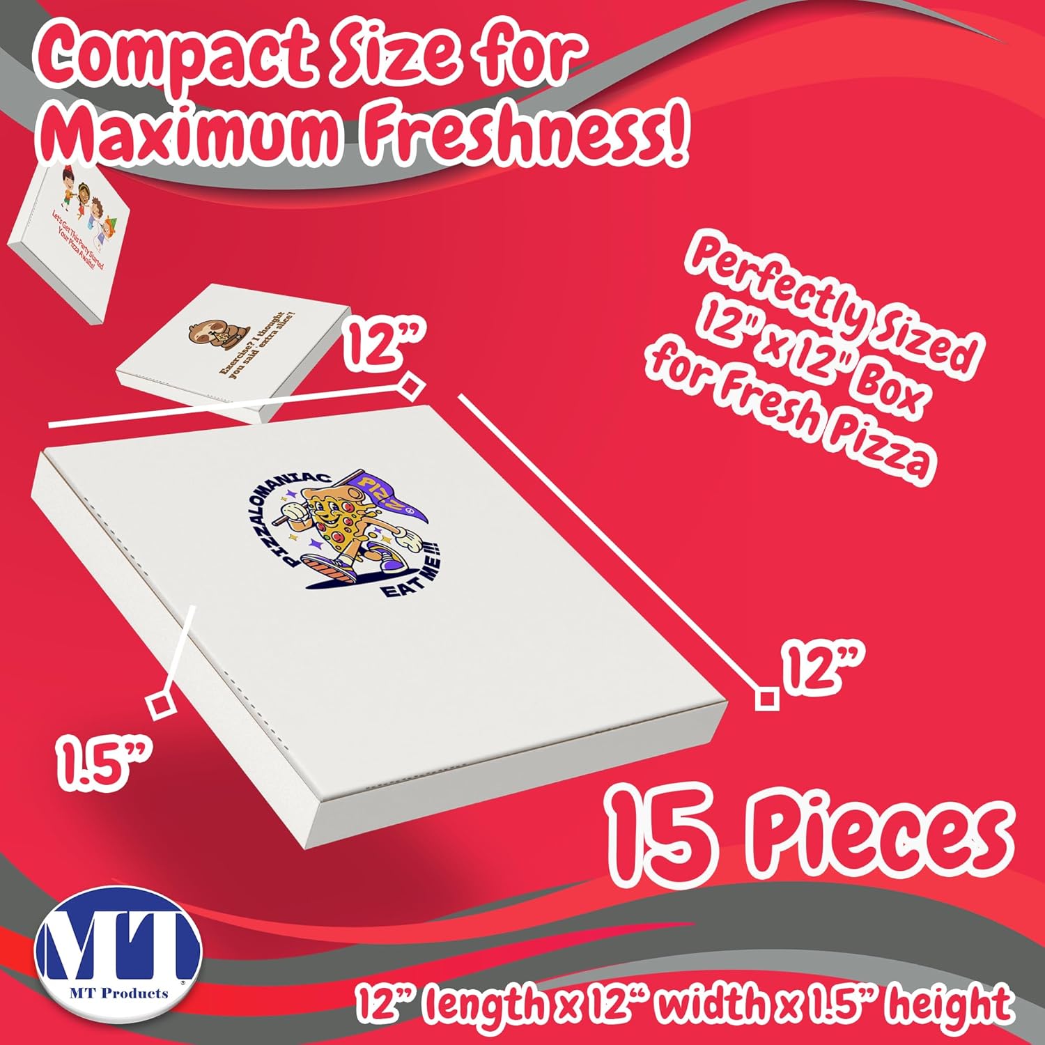 MT Products Custom Printed Pizza Boxes 12" x 12" x 1.9" - Extra Thin White Customizable Pizza Box with Logo (Pack of 15) - Made in the USA
