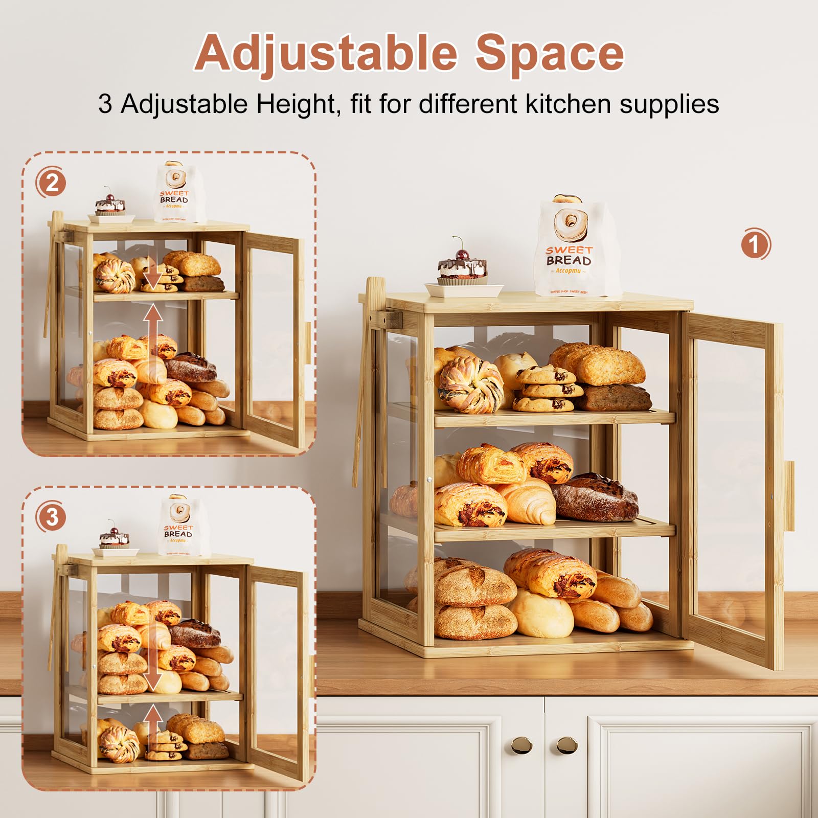 WOWLIVE Boîte à pain en bambou pour comptoir de cuisine, grande boîte de rangement à pain à 3 couches pour pain fait maison avec fenêtre, organiseur de boîte à pain de ferme pour cuisine, armoire