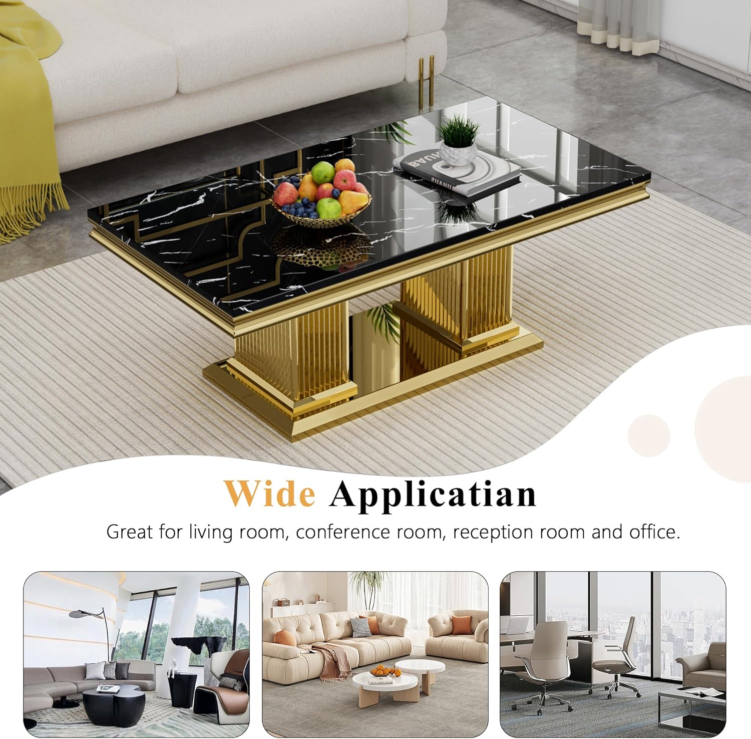 Luxury Black Marble Coffee Table, 47 inch Rectangular Faux Marble Coffee Table with Gold Mirrored Finish Stainless Steel Double Column Base, Modern Coffee Tables for Living Room, Apartment, Home Decor