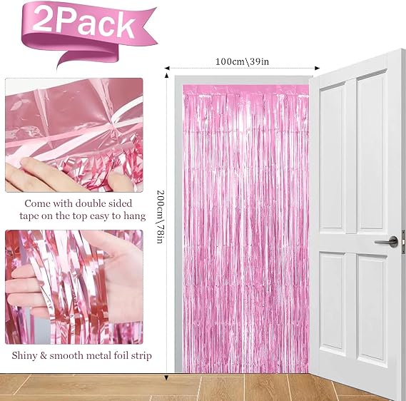 2pcs Tinsel Curtain Pink Glitter, 3ft X 6.4ft Aluminum Foil Flow Curtain Background Streamer, Girls Tinsel Curtains Pastel Foils Fringe,Birthday Party Wedding Holiday Backdrop Decoration(Pink)
