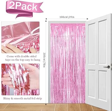 2pcs Tinsel Curtain Pink Glitter, 3ft X 6.4ft Aluminum Foil Flow Curtain Background Streamer, Girls Tinsel Curtains Pastel Foils Fringe,Birthday Party Wedding Holiday Backdrop Decoration(Pink)