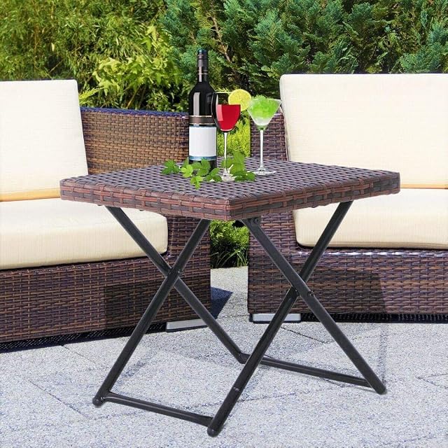 HENSITA HYGRAD® Small Rattan Coffee Table Bistro Folding Furniture Outdoor Side End Garden Patio