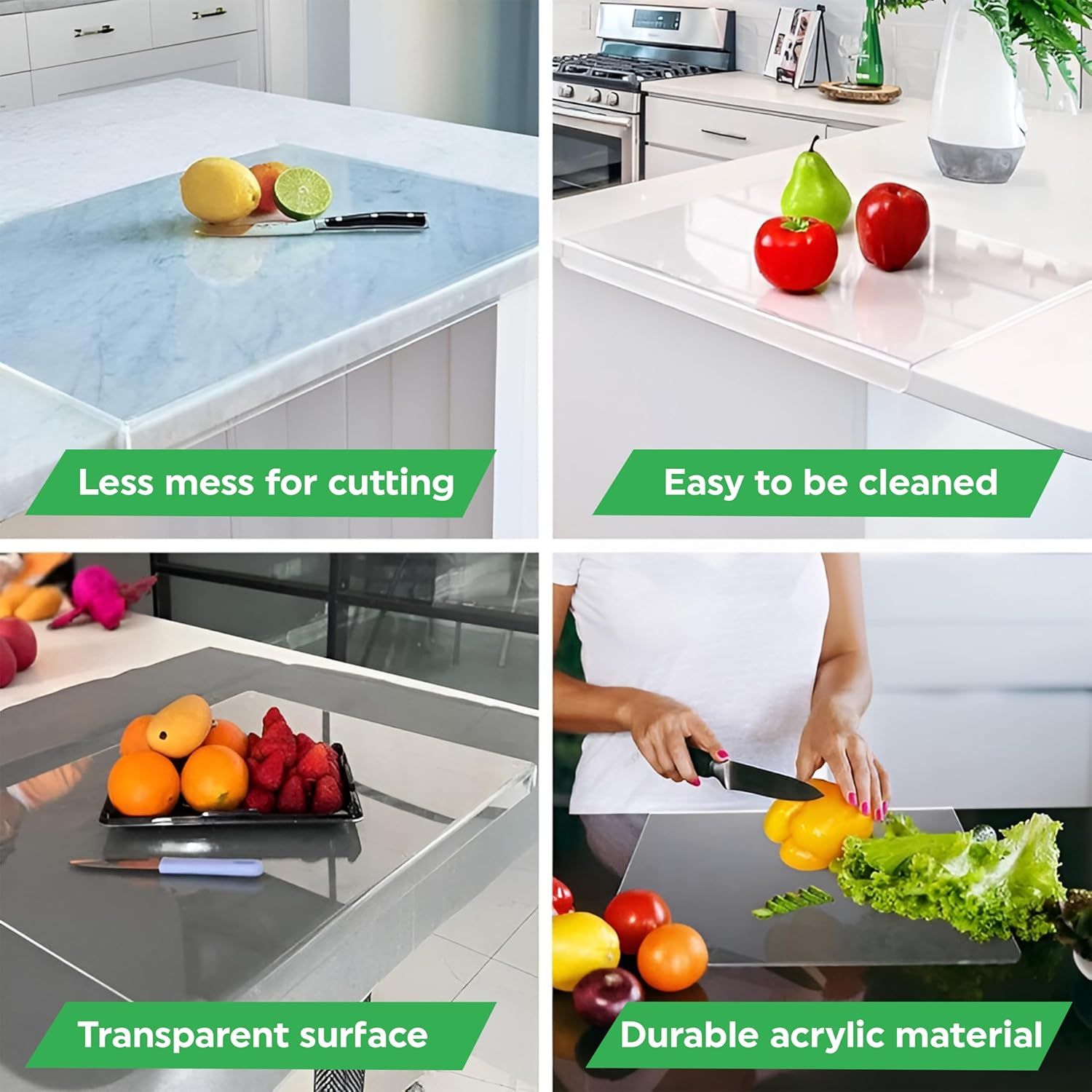 Acrylic Cutting Board with Counter Lip Medium 18" X 14", 18' X 16" and X-Large 24' X 18", Clear Cutting Board with Lip for Countertop, Counter Protectors for Kitchen