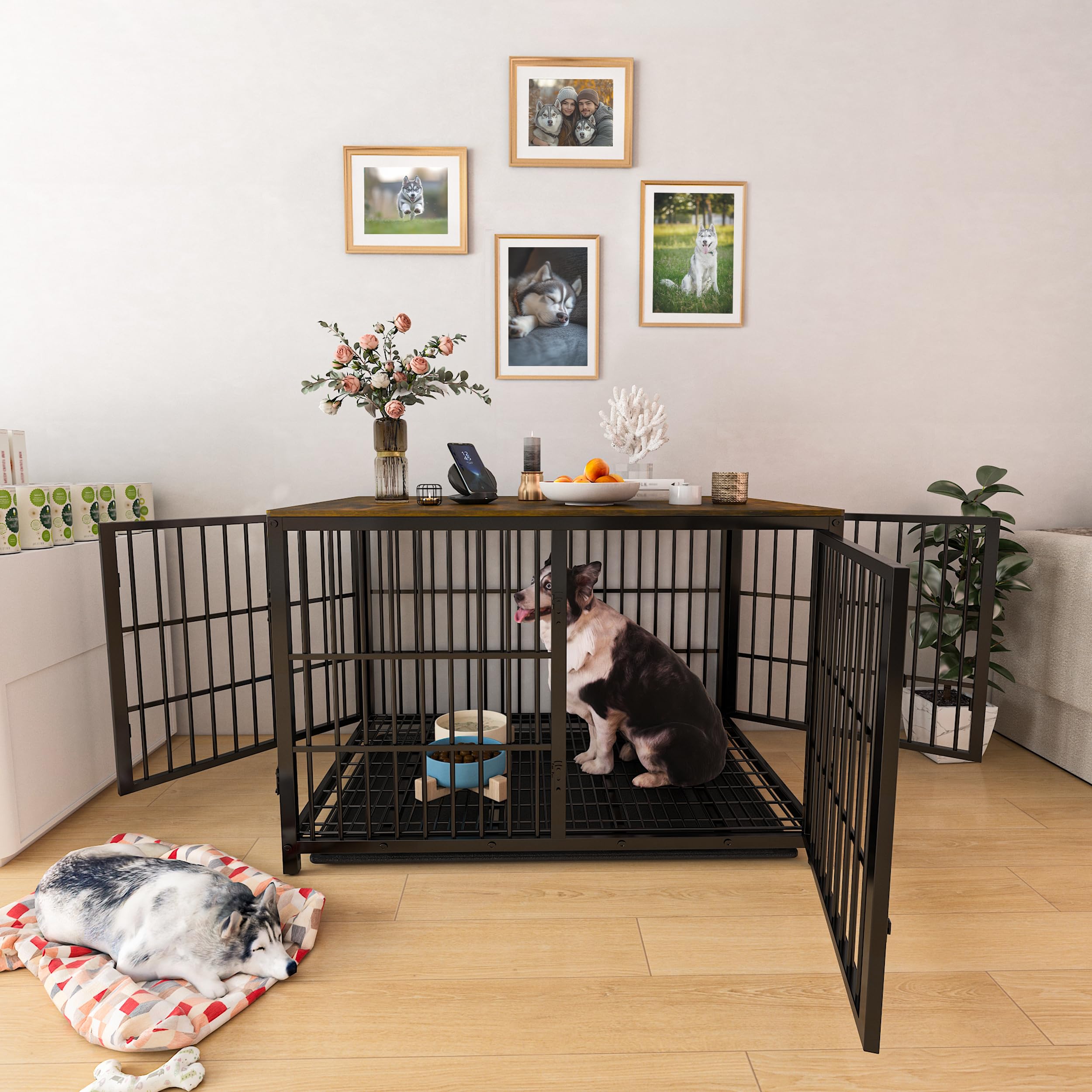 Meuble Cage Chien Bois Intérieur: Niche pour Chien XXL, Table d’Appoint - Maisonnette pour Chien avec 3 Porte et Plateau Amovible, Noir 120x77x81.5cm