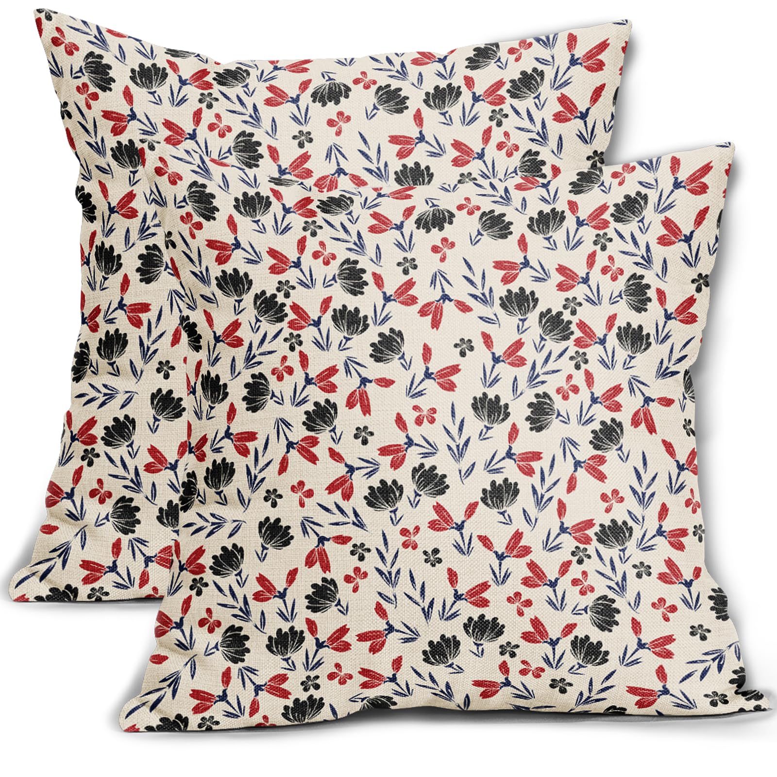 Aytipun 4th of July Floral Pillow Covers 16x16 Set of 2 Vintage Rustic Old Style Navy Blue Red Black Flower Print Decorative Outdoor Pillowcases Patriotic Throw Cushion Case Decor for Couch Sofa Bed