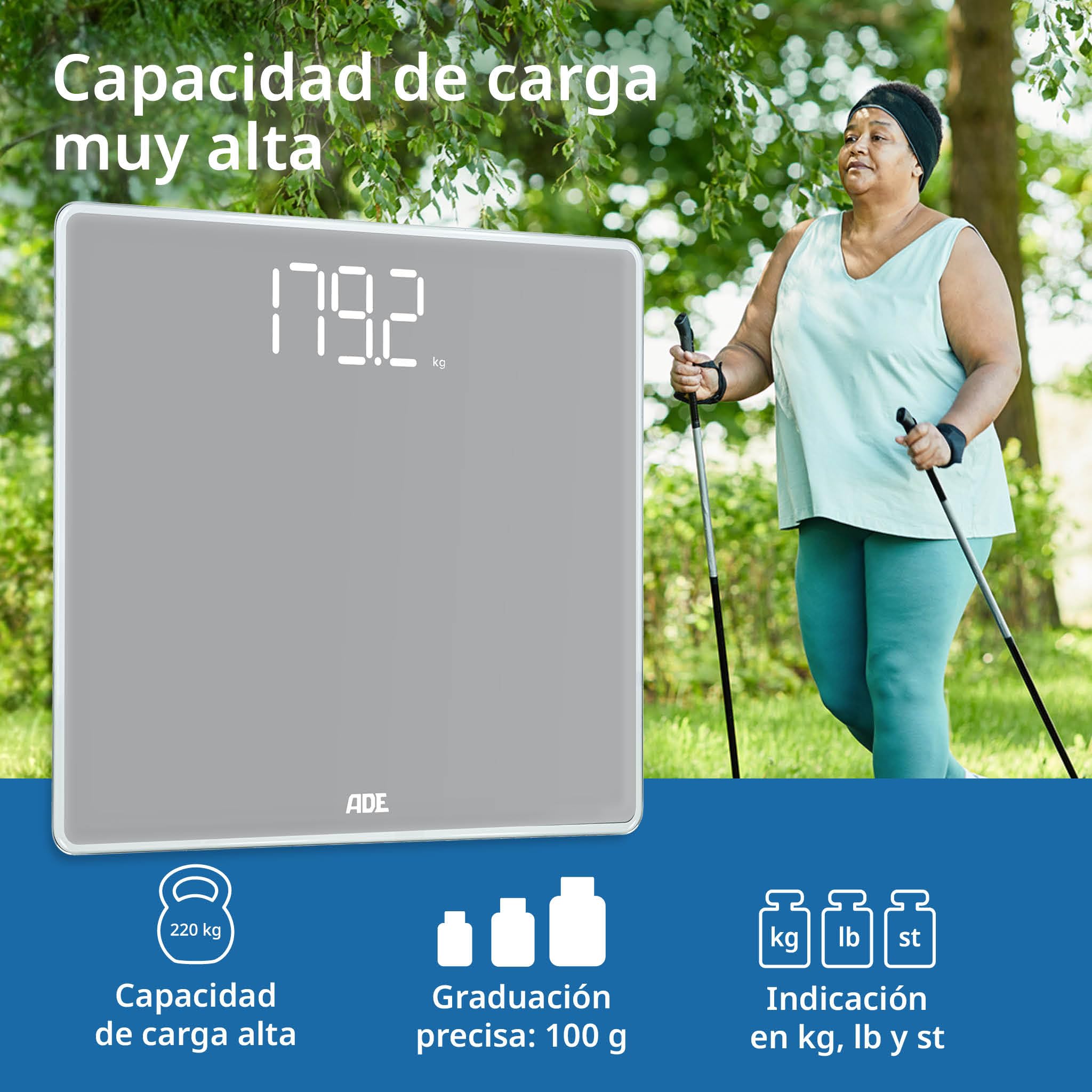 ADE Báscula de baño digital con gran capacidad de carga de hasta 220 kg | balanza peso corporal precisa con dígitos luminosos XXL | gran pantalla | superficie de pesaje extragrande | gris