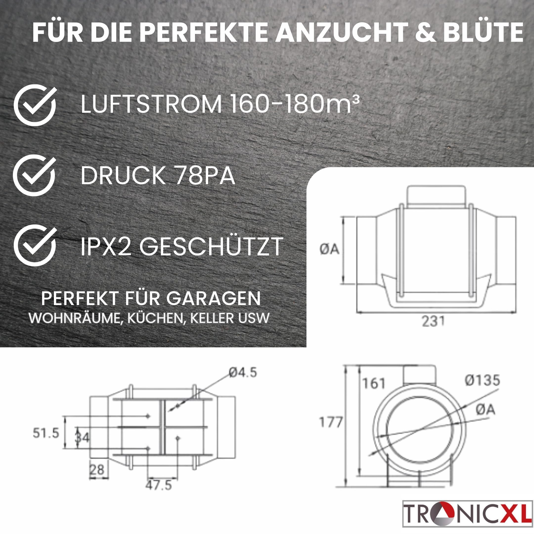 TronicXL Turboventilator Axial Rohrventilator regelbar mit Ein Ausschalter regelbar und Kabel 100mm leise Rohrlüfter Abluftventilator Abluft Zuluft Lüfter Ventilator Bad Garage Keller Wand Einbau