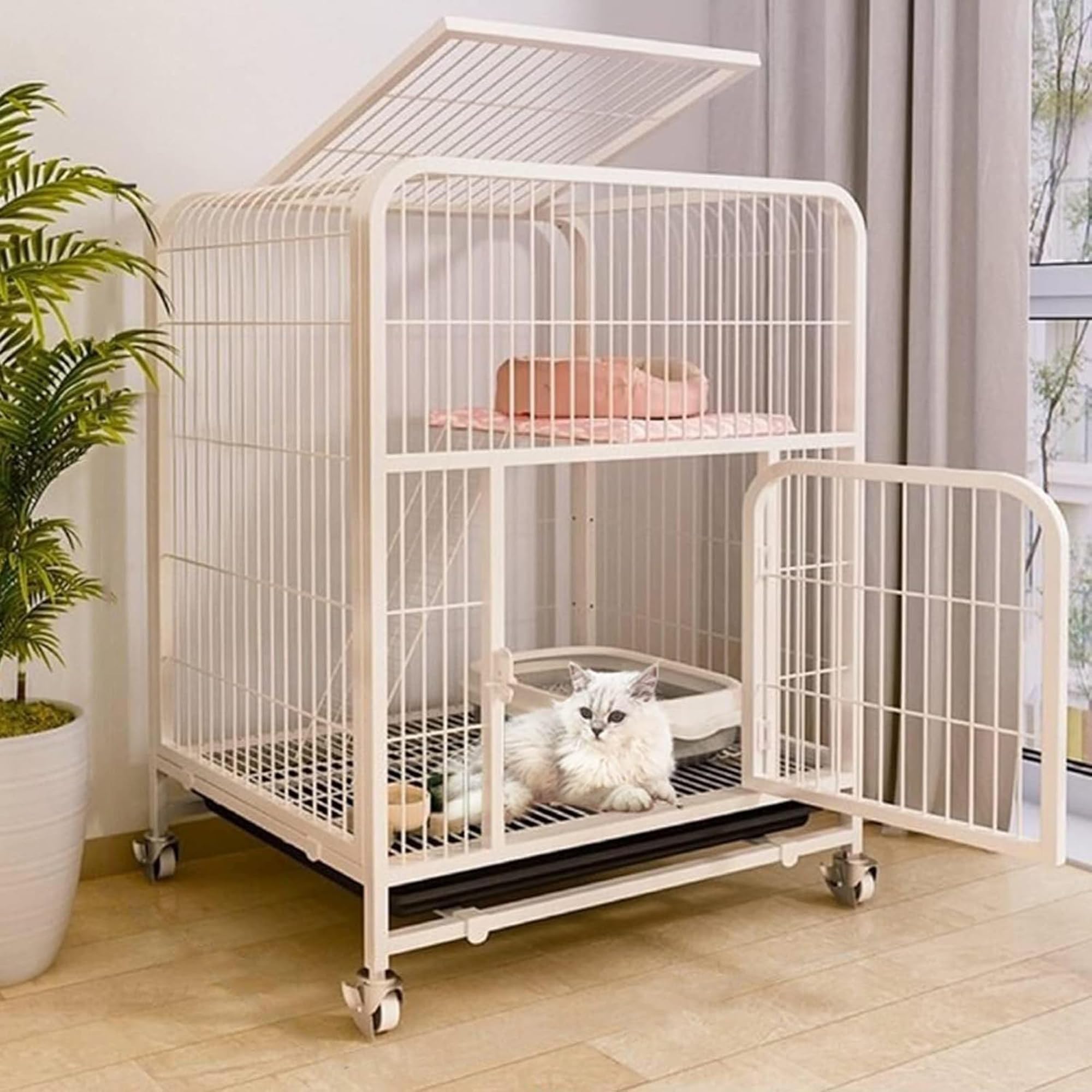 FZZIBQYR Cat Crate Cat Cage Indoor Pet Carriers Small Animal Playpen for Cats Metal Enclosure 2 Tier Kitten Kennel Outdoor Cat House with Locking Doors Universal Wheel (White, XX Large)