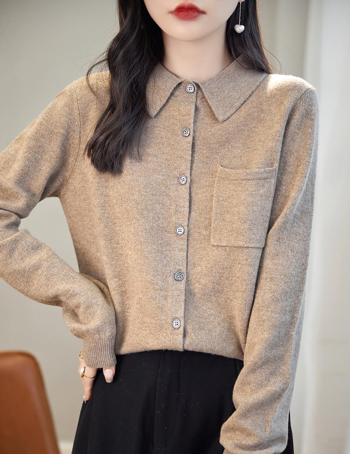 Chanyarn Women's Polo Neck 100% Merino Wool Sweater 2025 Spring Basic Long Sleeve Knitted Cardigan Sweater with Pocket - Image 2