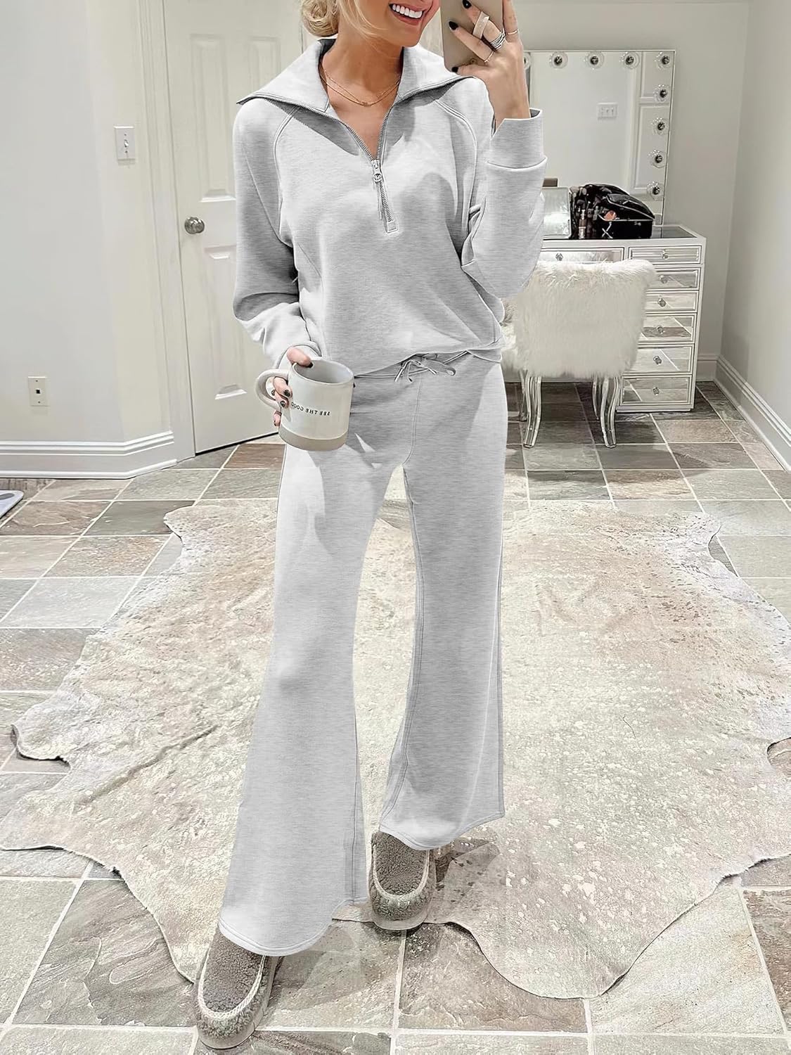 yoeasy Women's Half Zip Sweatershirt Two Piece Outfits Sweatshirts And Wide Leg Pants Sweatsuit Lounge Set