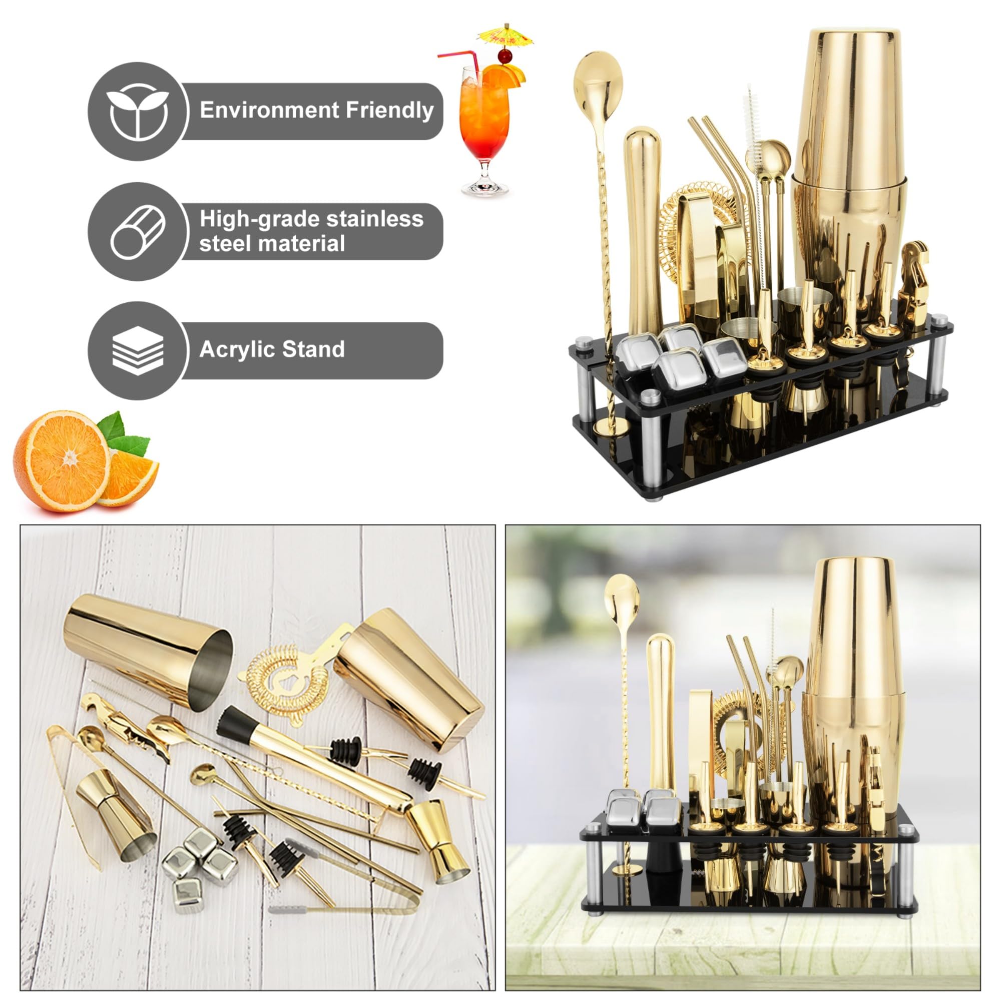 Juego de coctelera de coctelera Boston de 23 piezas, kit de camarero de acero inoxidable con soporte acrílico y folleto de recetas de cóctel, fiesta, color dorado