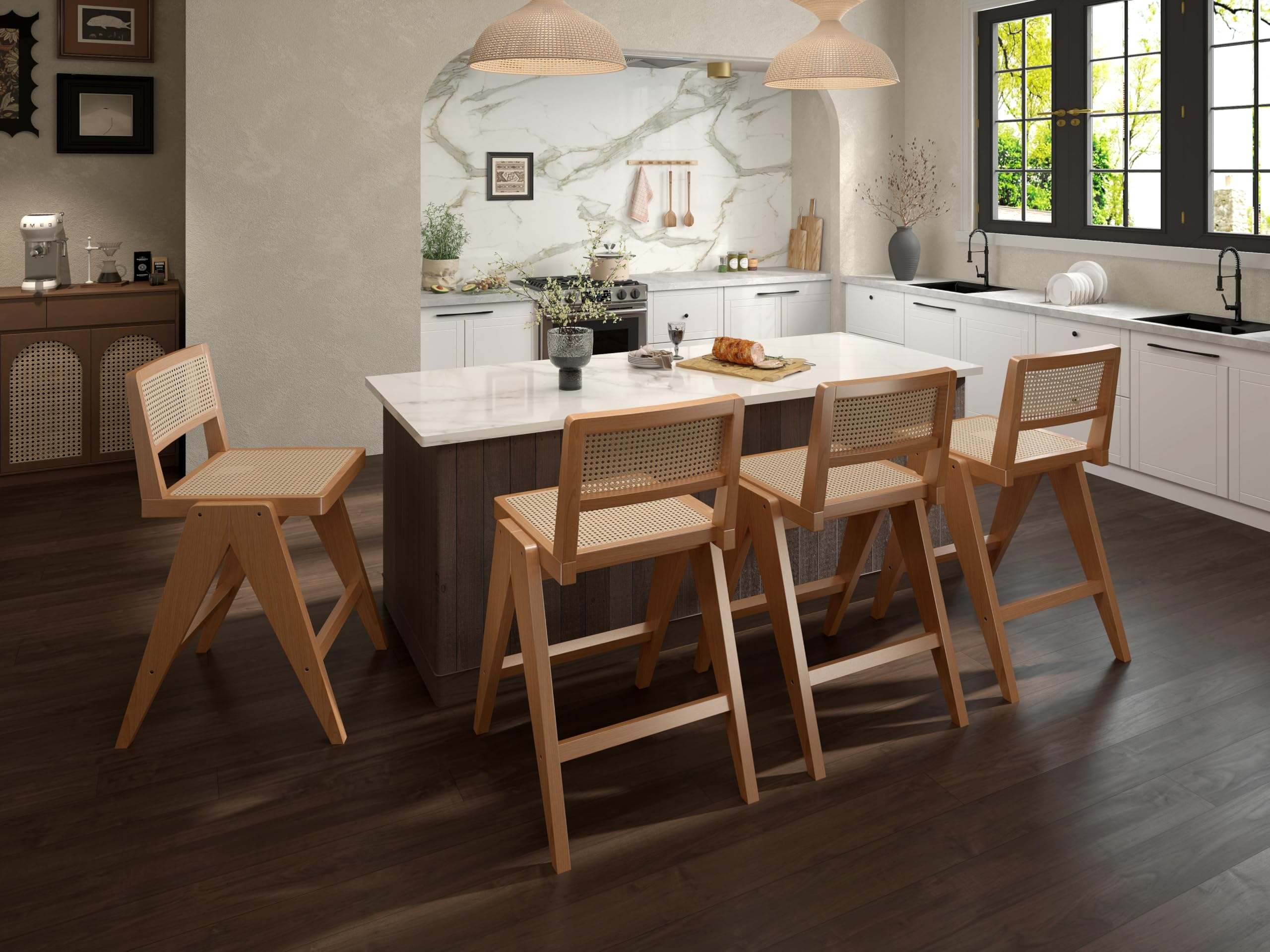 ZH4YOU 26" Rattan Counter Height Bar Stools Set of 4, Mid-Century Modern Counter Stools with Cane Seat Retro Island Chairs with Footrest Wood Frame