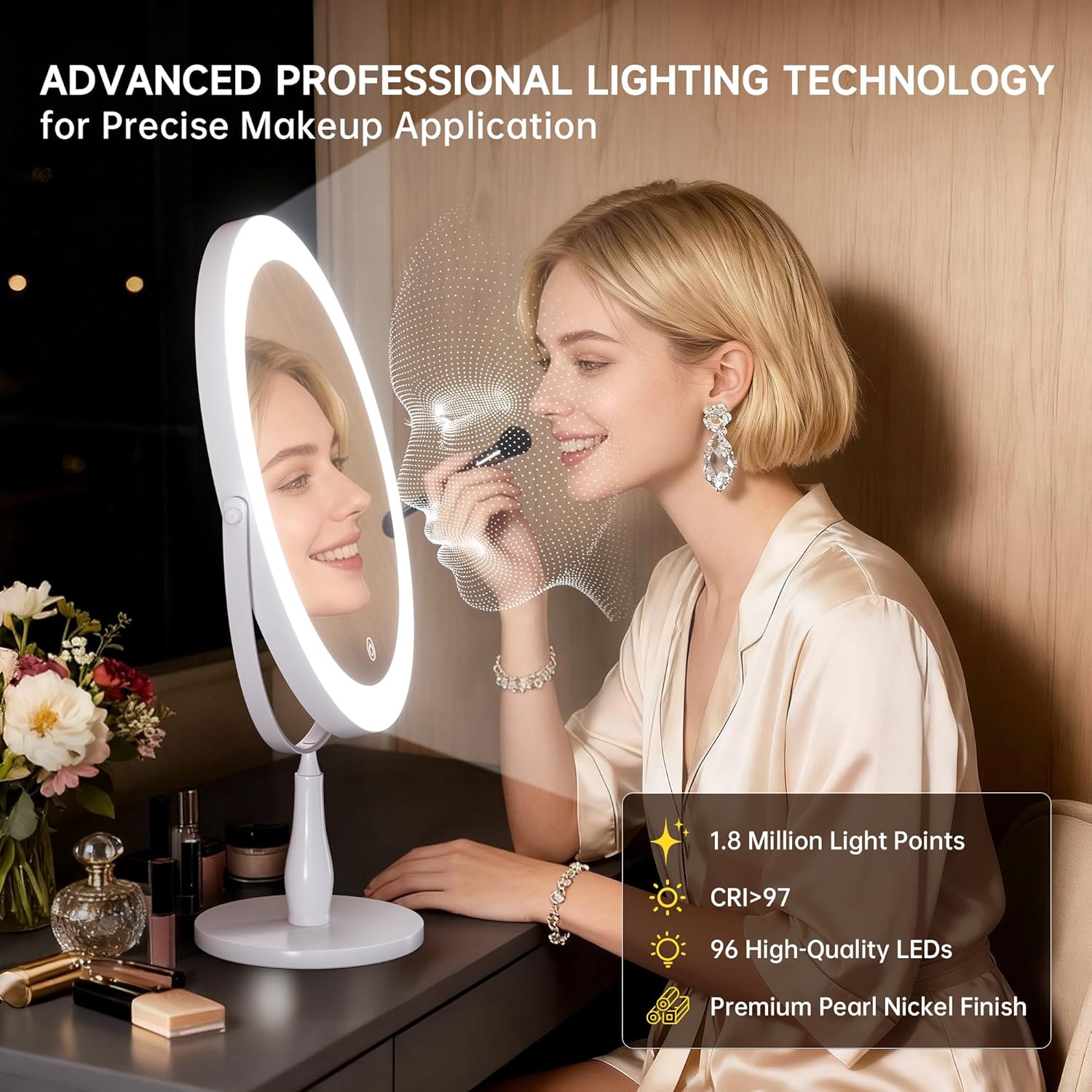 Professional 8" Large Lighted Makeup Mirror with Brighter Lights, 1X/10X True HD Magnifying Mirror with 3 Color Dimmable Lights, 92 Shadowless LEDs, 360°Swivel Seamless Vanity Mirror, White