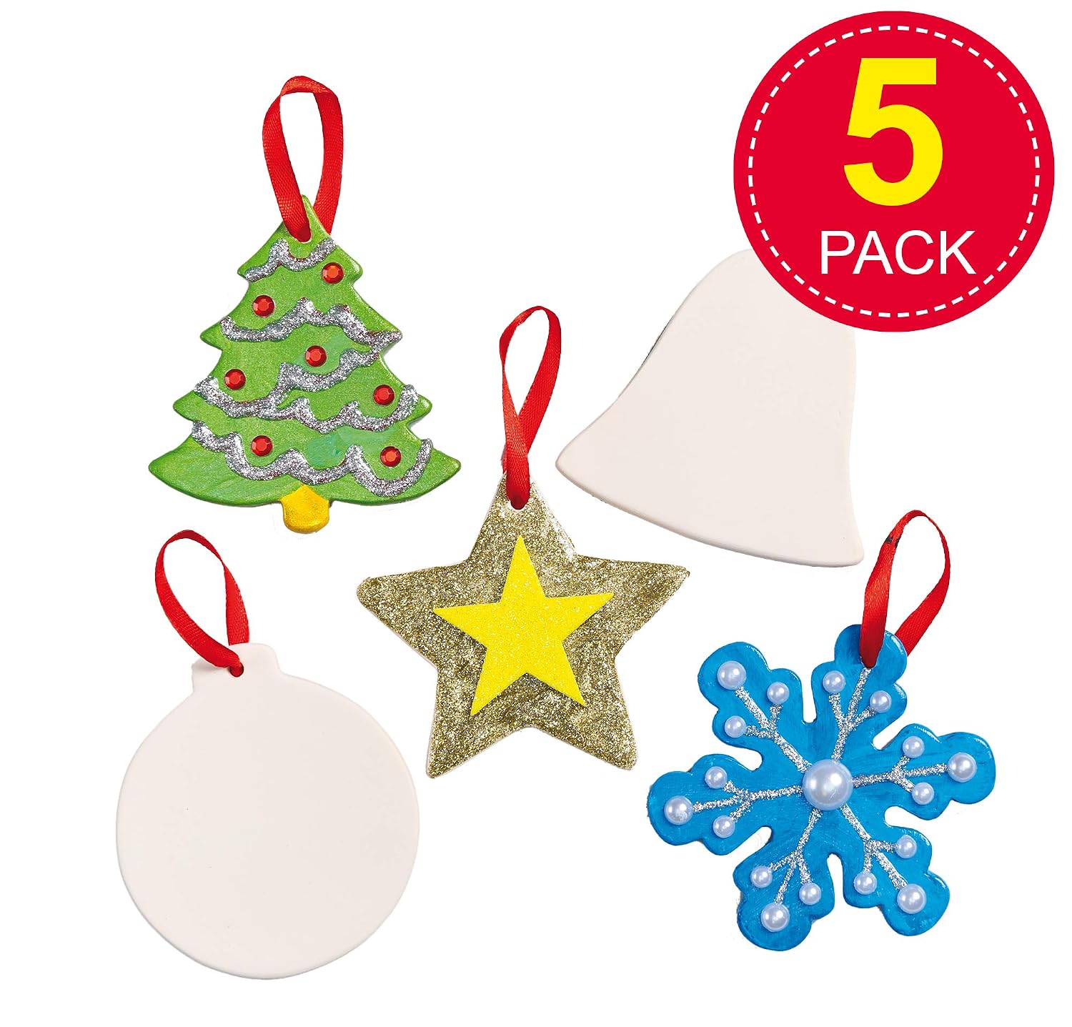 Baker Ross EF925 Festive Ceramic Ornaments - Pack of 5, Christmas Crafts for Kids to Decorate and Personalise