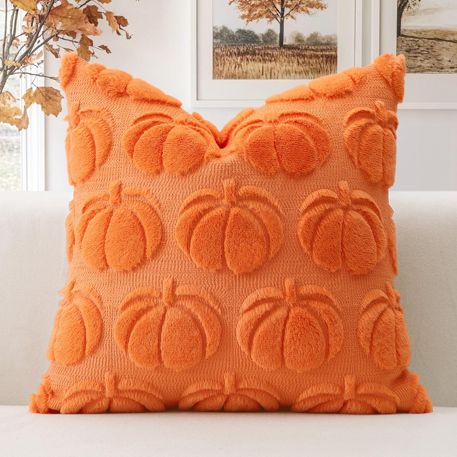 Artscope Fall Cushion Cover Set of 1 Autumn Pumpkin Throw Pillow Covers for Sofa Couch Bed Living Room Soft Plush Short Wool Velvet Farmhouse Pillowcase for Halloween 50x50cm Orange