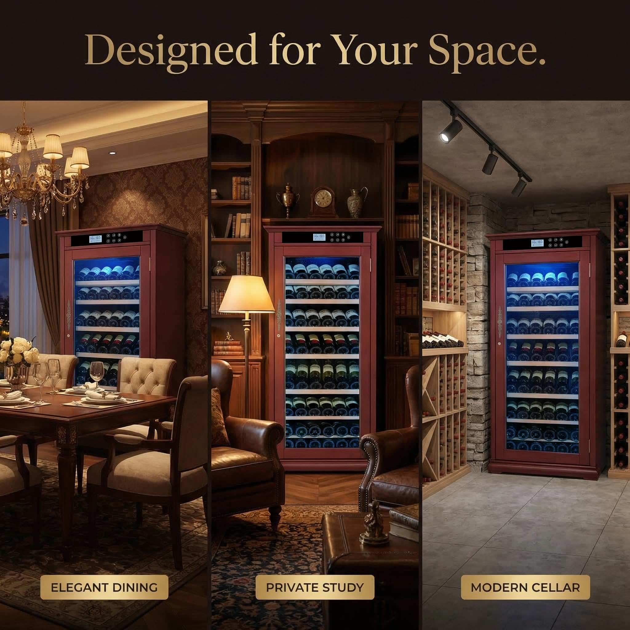 Relaxcabine 69 Bottles Wine Cooler LED Touch Screen, 7.6 Ft³ Wine Cabinet Constant Temperature & Humidity Control, Dual Layer Tempered Glass Door, Red Wood Exterior For Home, Kitchen Or Bar on Fridge.com - View 6