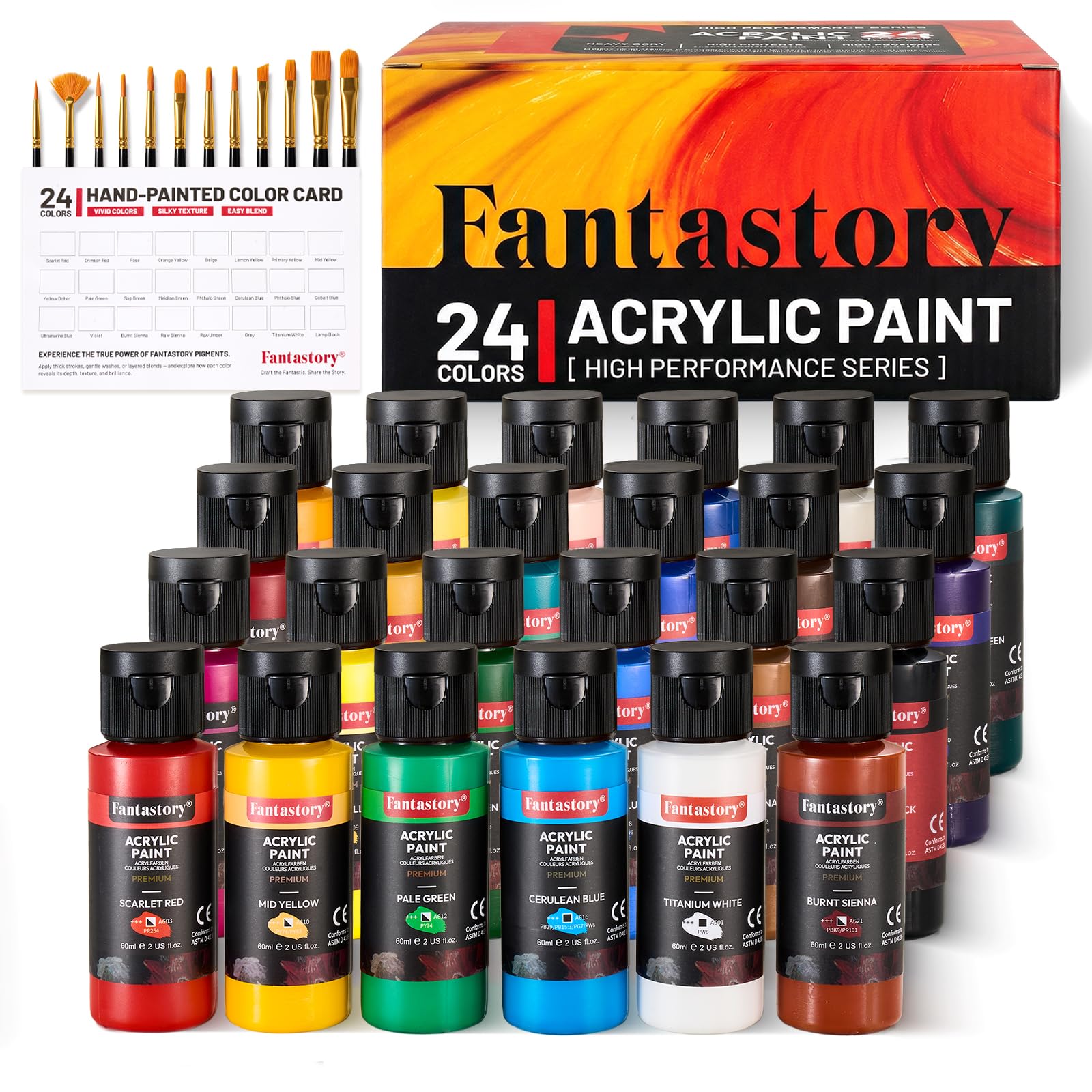 Fantastory Acrylfarben Set 24x 60ml,12 Pinsel;Exzellente Deckkraft,hohe Lichtechtheit,wasserfest Acrylic Paint;für Leinwand,Holz,Keramik,Modelle;Künstler,Profis,Anfänger[ProfessionelleSerie]
