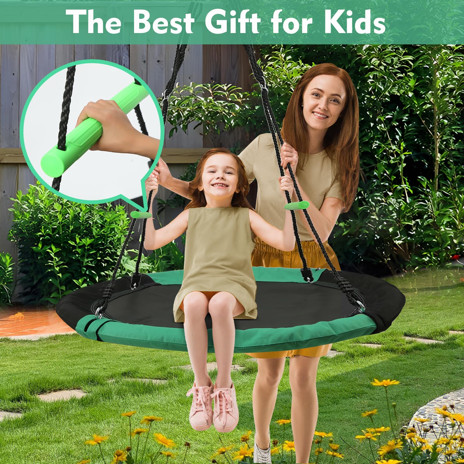 YSEJOMP Black Round Saucer Swing with Handles -Made of Sturdy Frame,PP Mat,Adjustable Multi-Strand Ropes,Safe and Durable for Yard Garden Playground Park (Black and Dark Green, 40 inches)